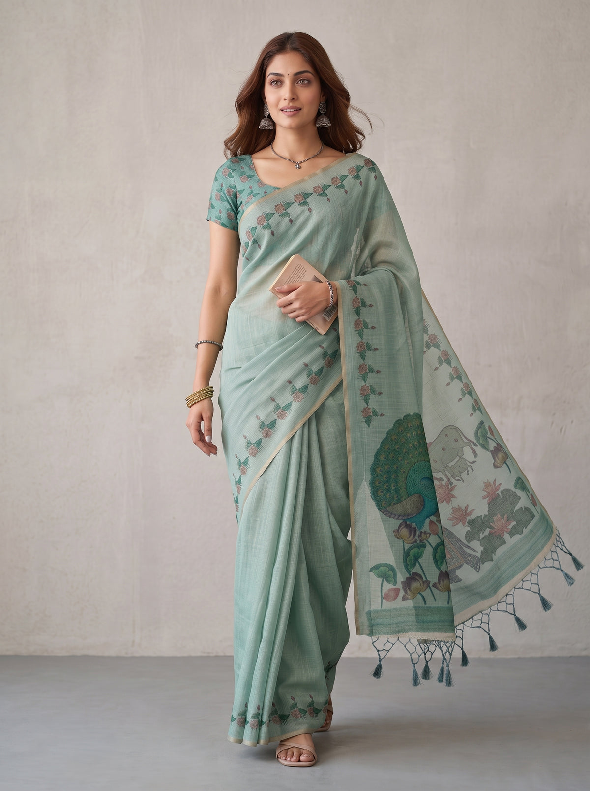 MIMOSA Rama Banarasi Linen Saree — pose 6 styling detail