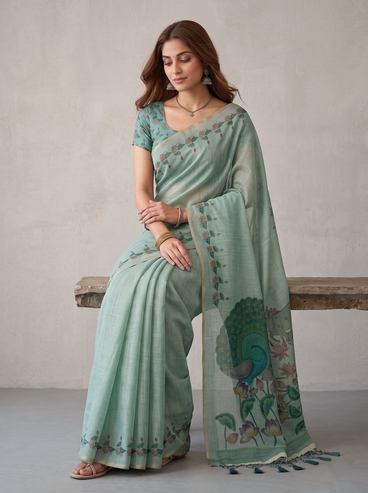 MIMOSA Rama Banarasi Linen Saree — pose 8 styling detail
