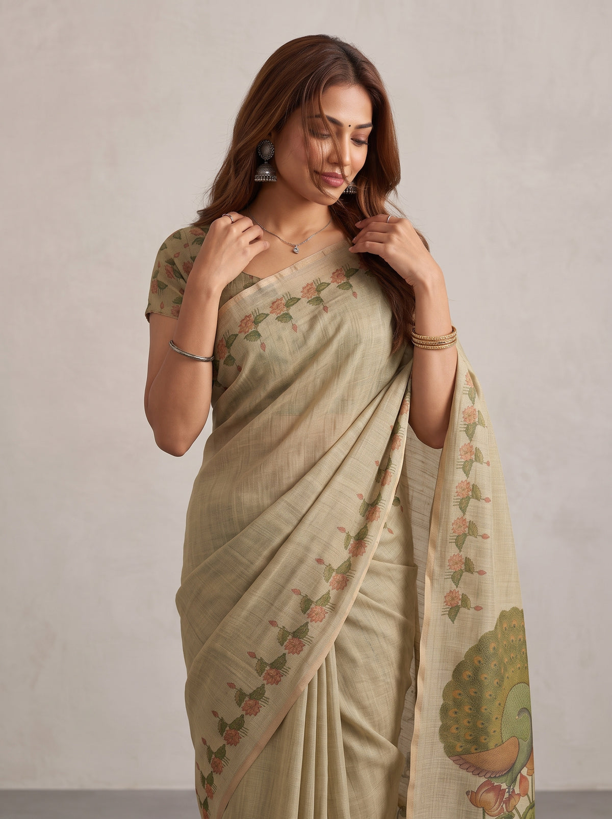 MIMOSA Tussar Banarasi Linen Saree — pose 10 styling detail