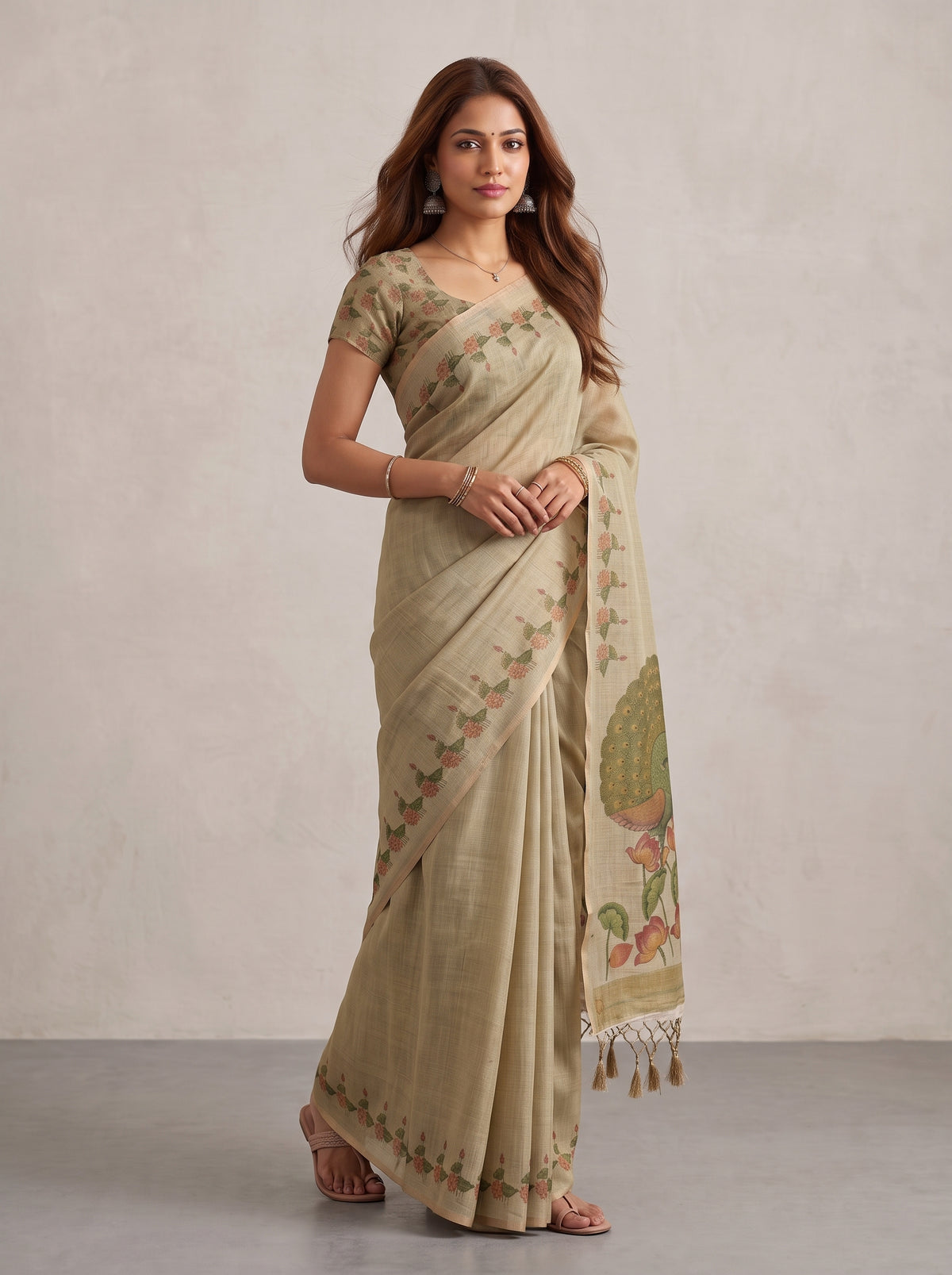MIMOSA Tussar Banarasi Linen Saree — pose 5 styling detail