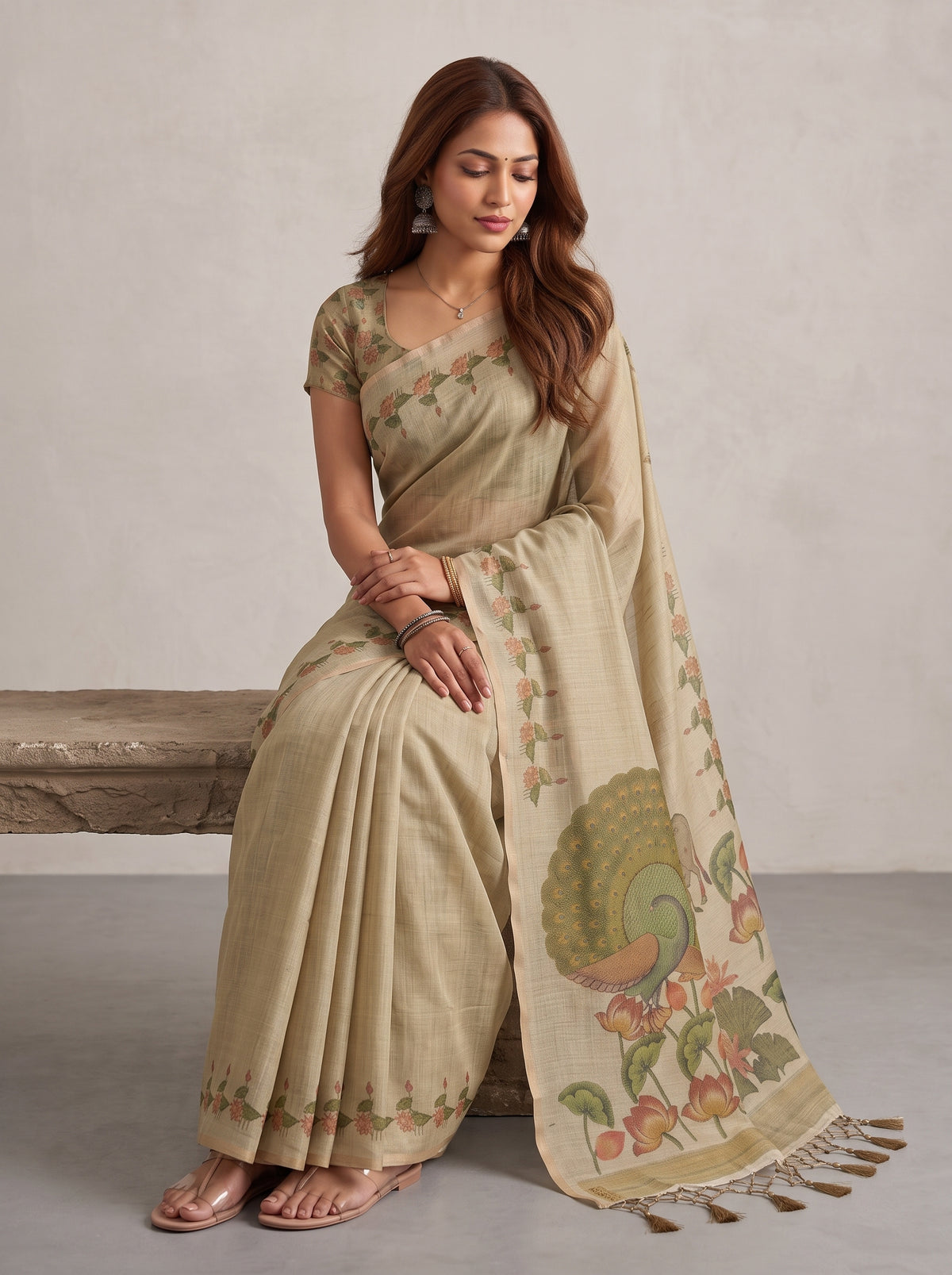 MIMOSA Tussar Banarasi Linen Saree — pose 8 styling detail
