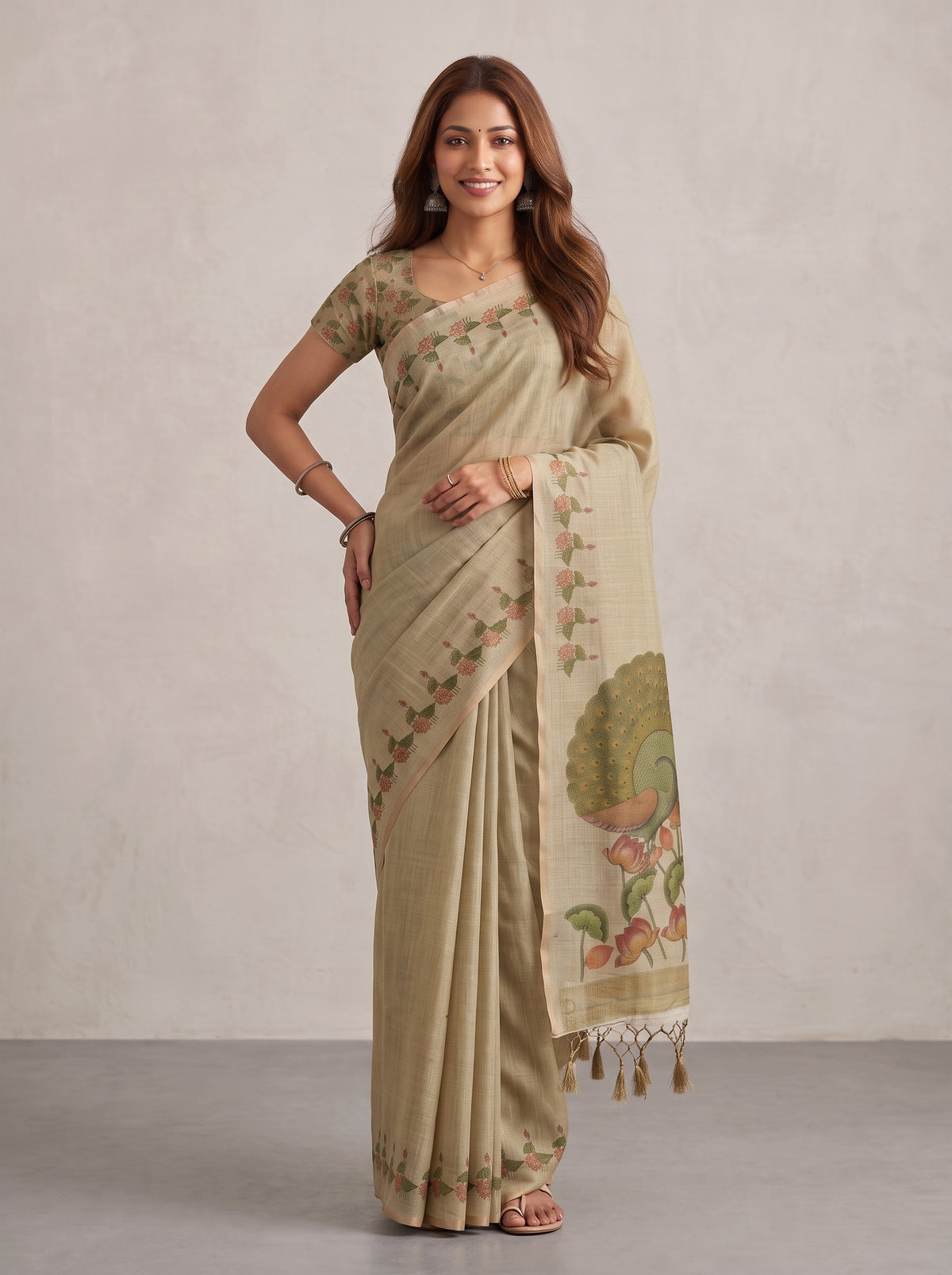 MIMOSA Tussar Banarasi Linen Saree — pose 9 styling detail