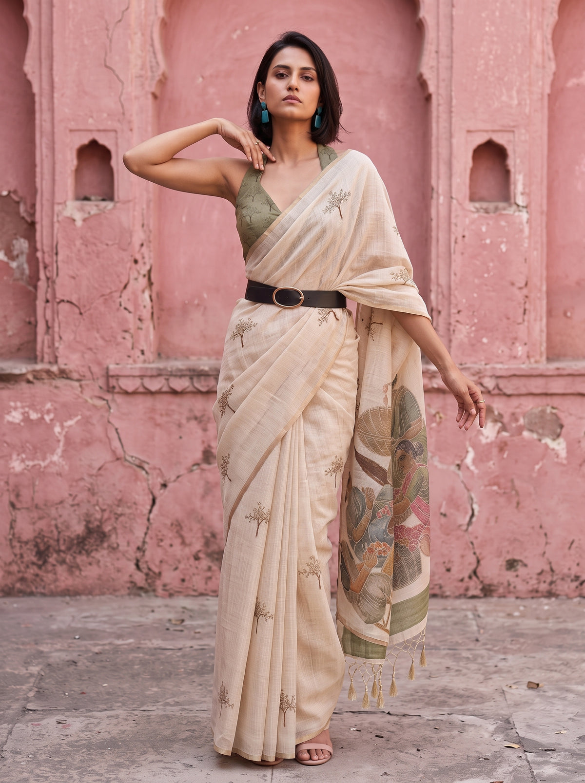 MIMOSA Mehndi Banarasi Saree — pose 5 styling detail