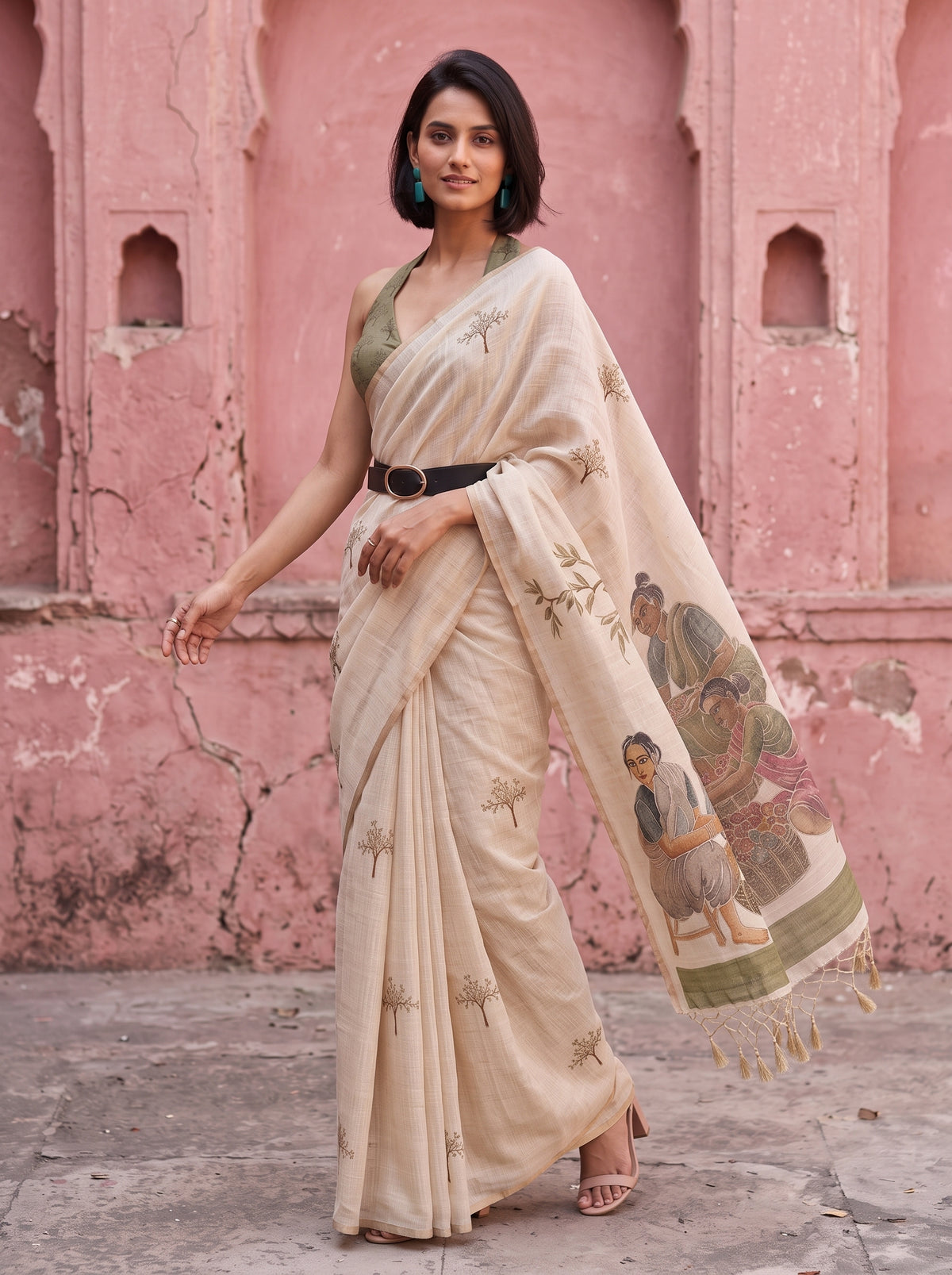 MIMOSA Mehndi Banarasi Saree — pose 9 styling detail