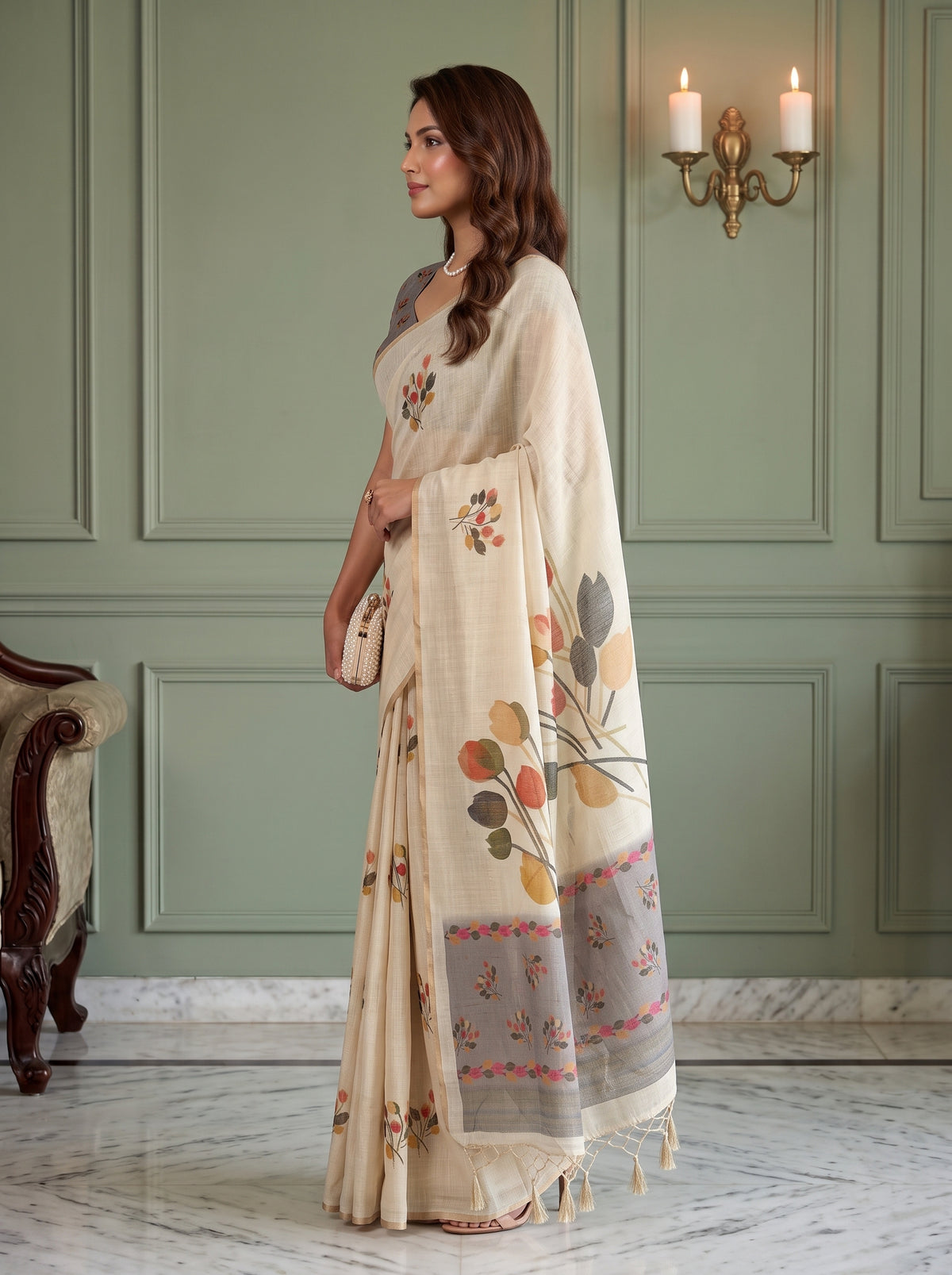 MIMOSA Grey Banarasi Saree — pose 3 styling detail