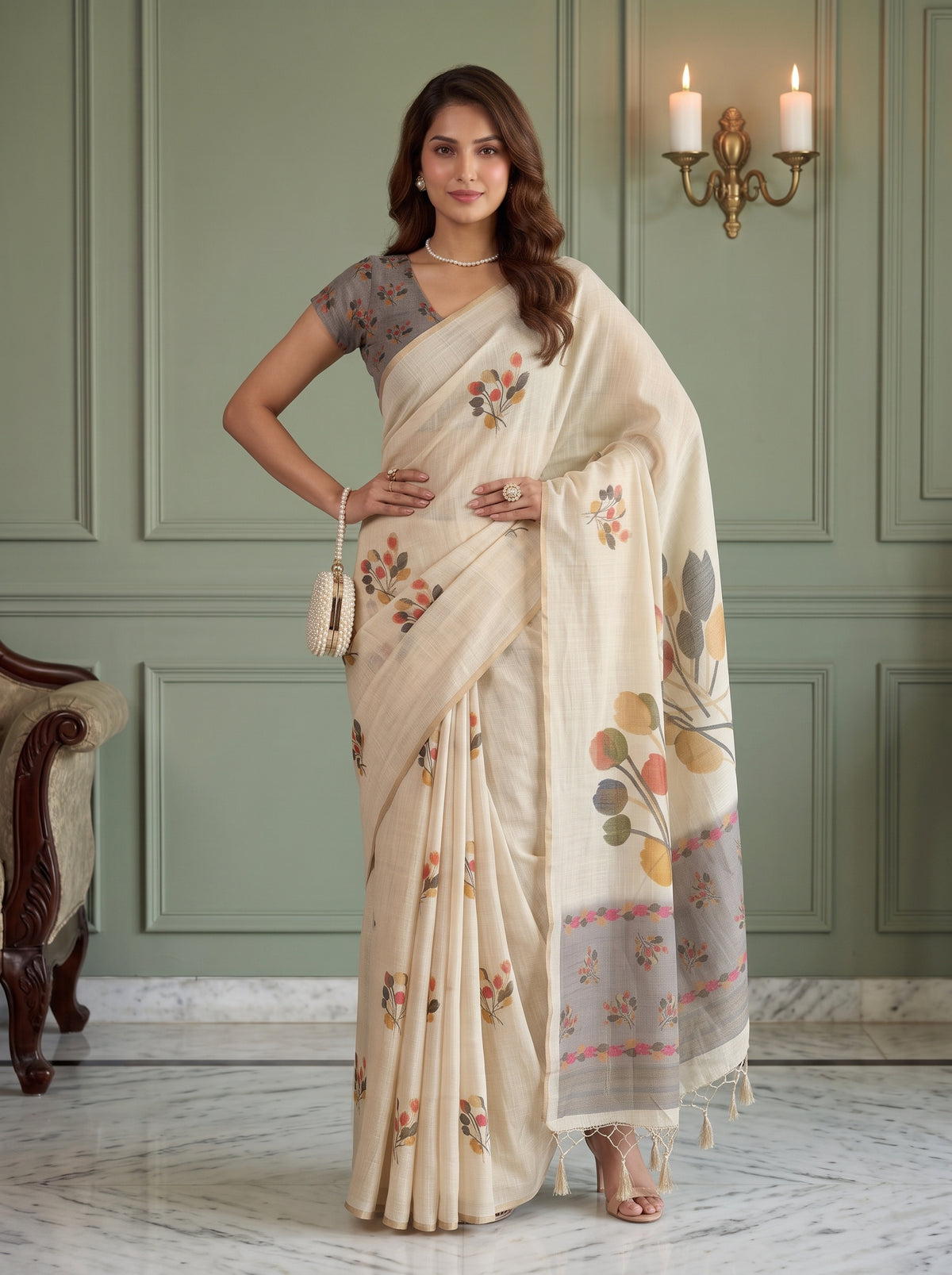 MIMOSA Grey Banarasi Saree — pose 4 styling detail