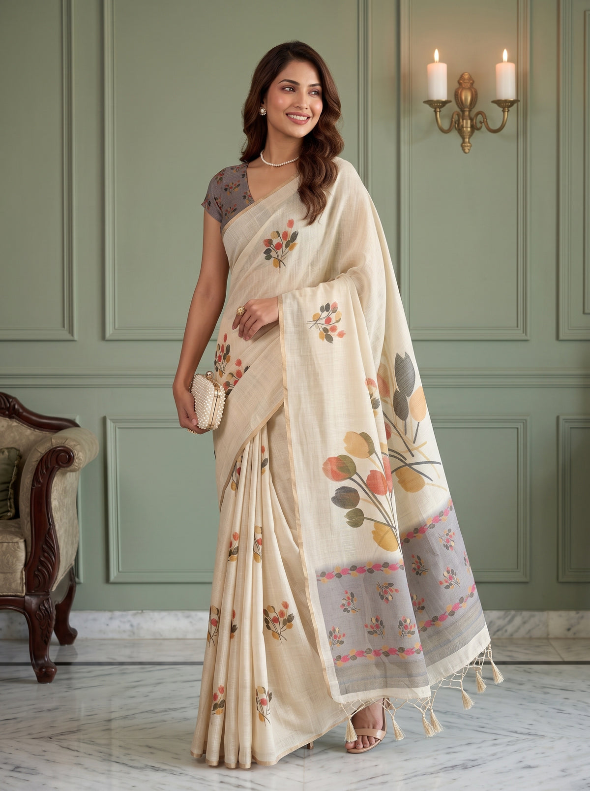 MIMOSA Grey Banarasi Saree — pose 5 styling detail