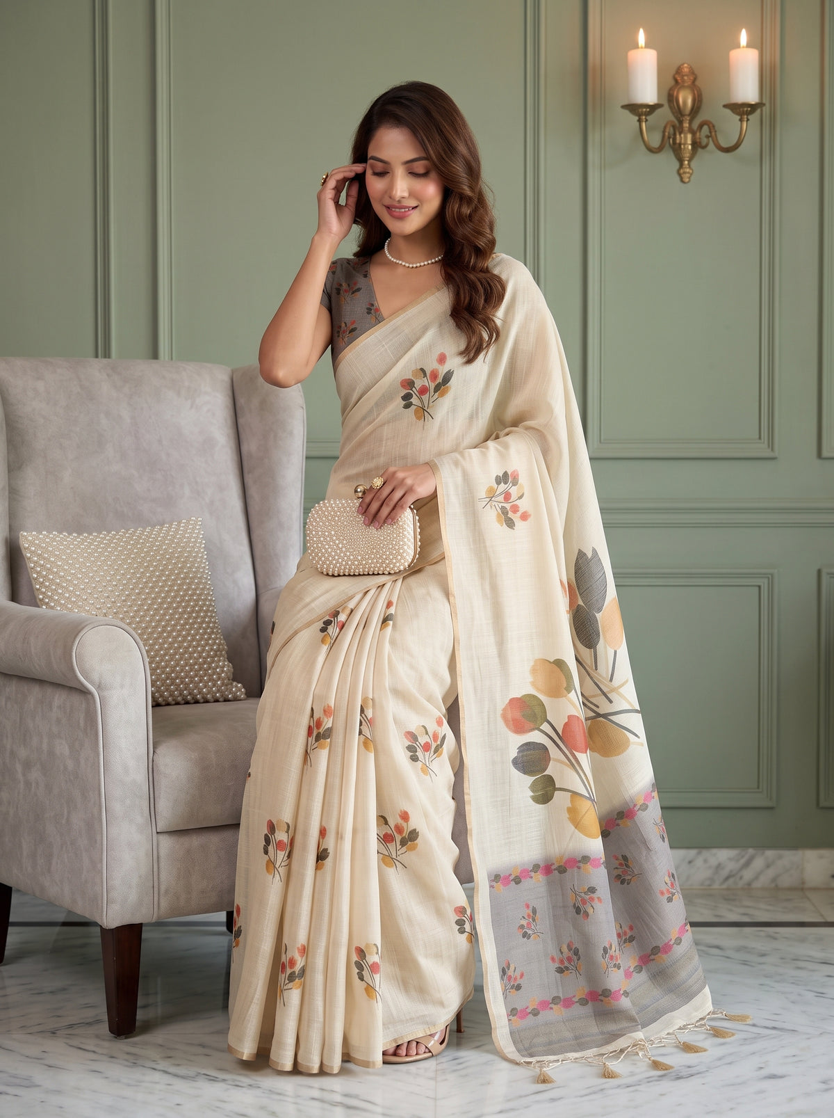 MIMOSA Grey Banarasi Saree — pose 8 styling detail