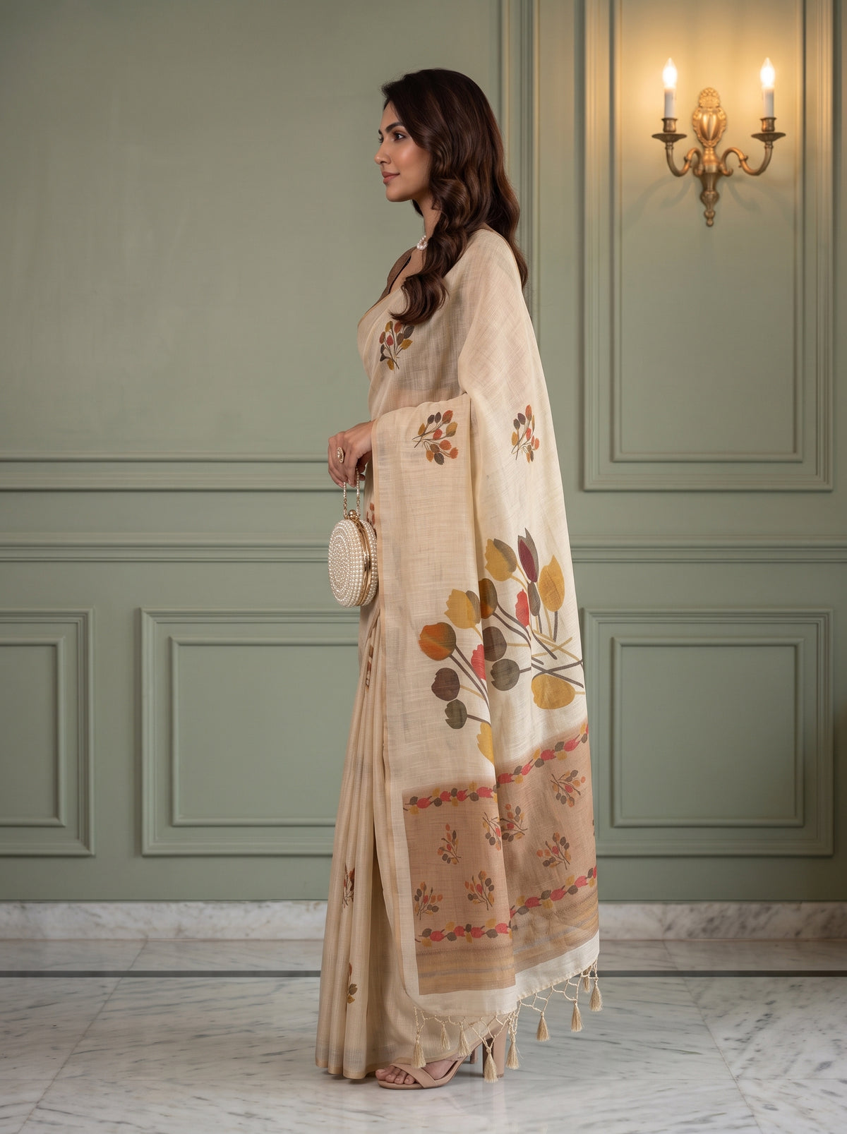MIMOSA Mustard Banarasi Saree — pose 3 styling detail