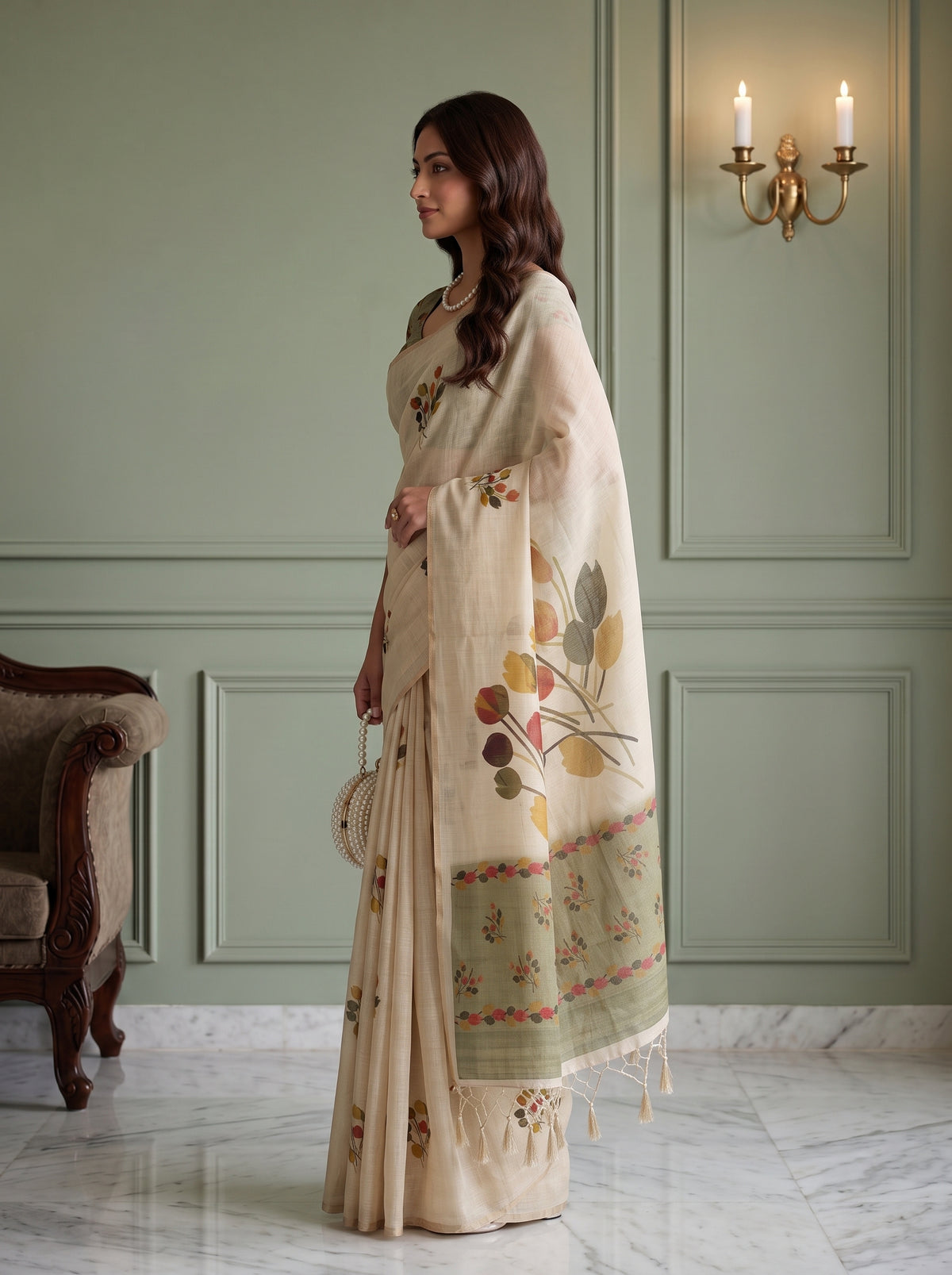 MIMOSA Olive Banarasi Saree — pose 3 styling detail