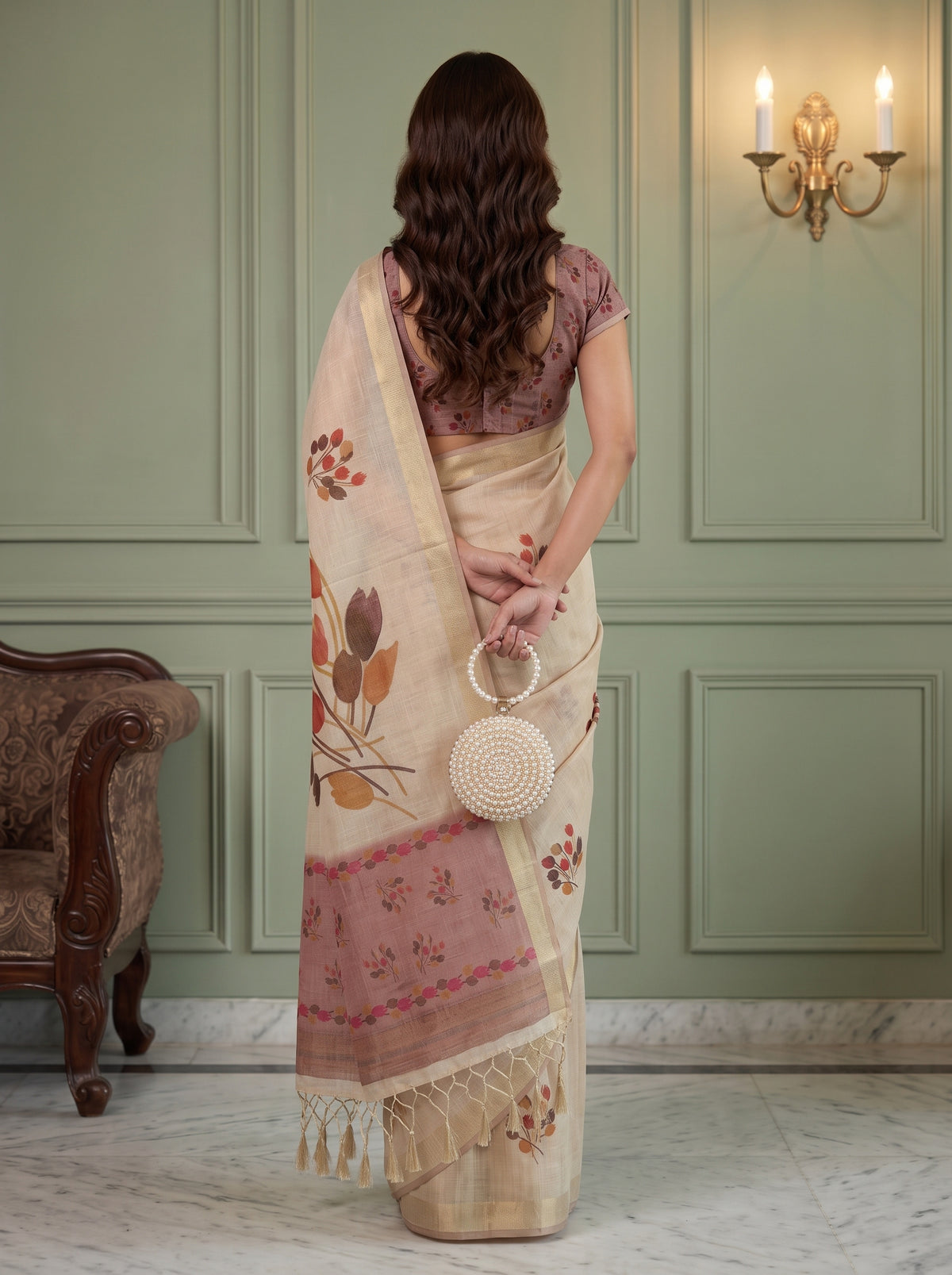 MIMOSA Peach Banarasi Saree — pose 2 styling detail