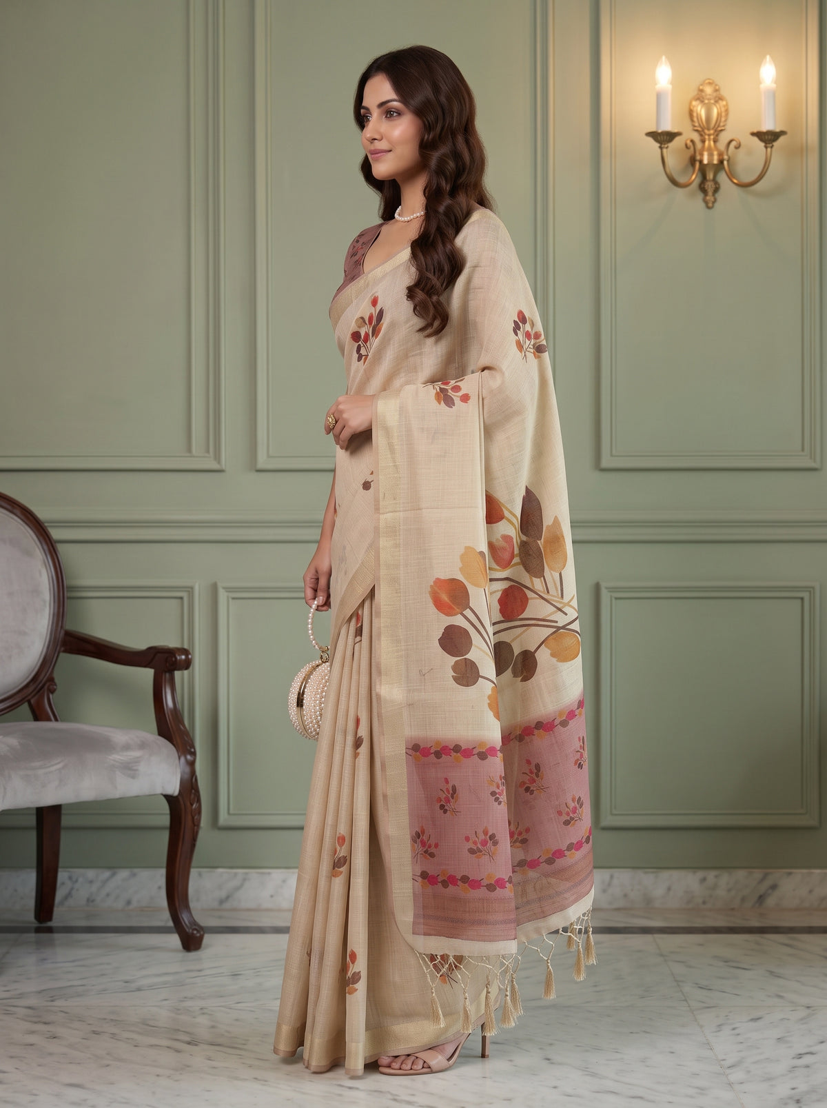 MIMOSA Peach Banarasi Saree — pose 3 styling detail