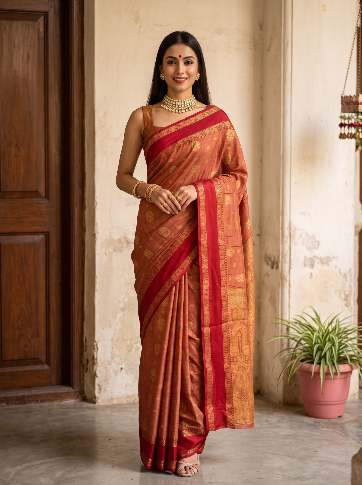 MIMOSA Red Banarasi Saree — front view on mannequin