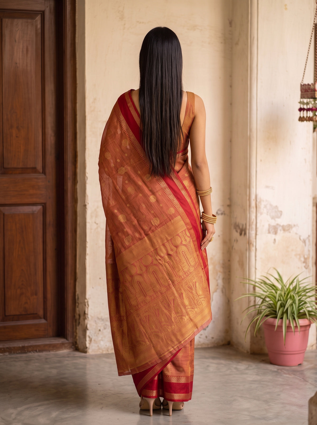 MIMOSA Red Banarasi Saree — pose 2 styling detail