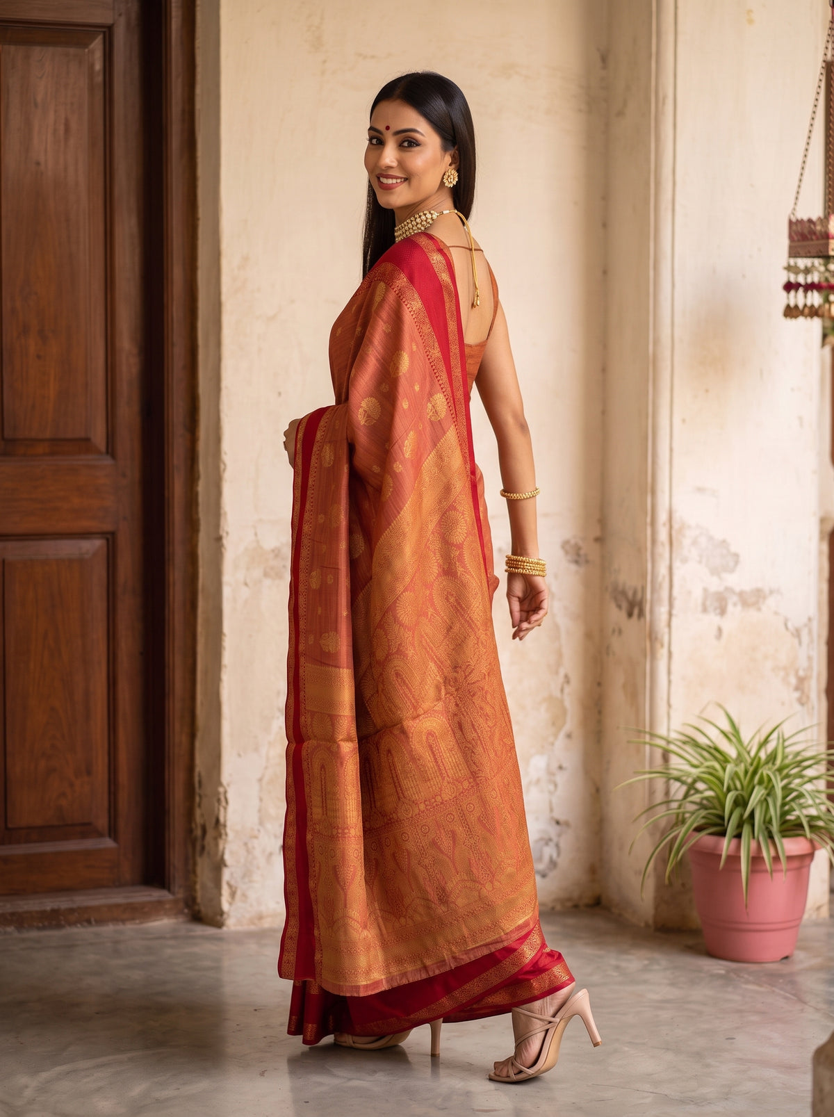 MIMOSA Red Banarasi Saree — pose 5 styling detail