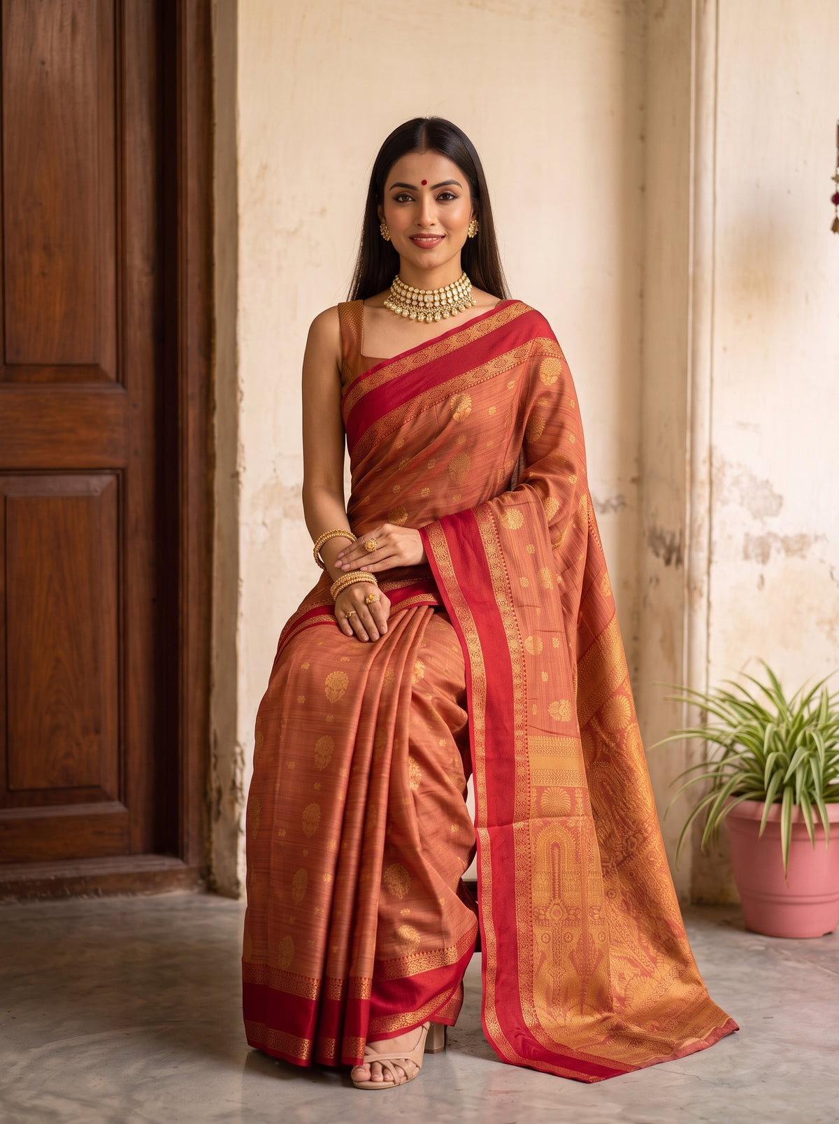 MIMOSA Red Banarasi Saree — pose 8 styling detail