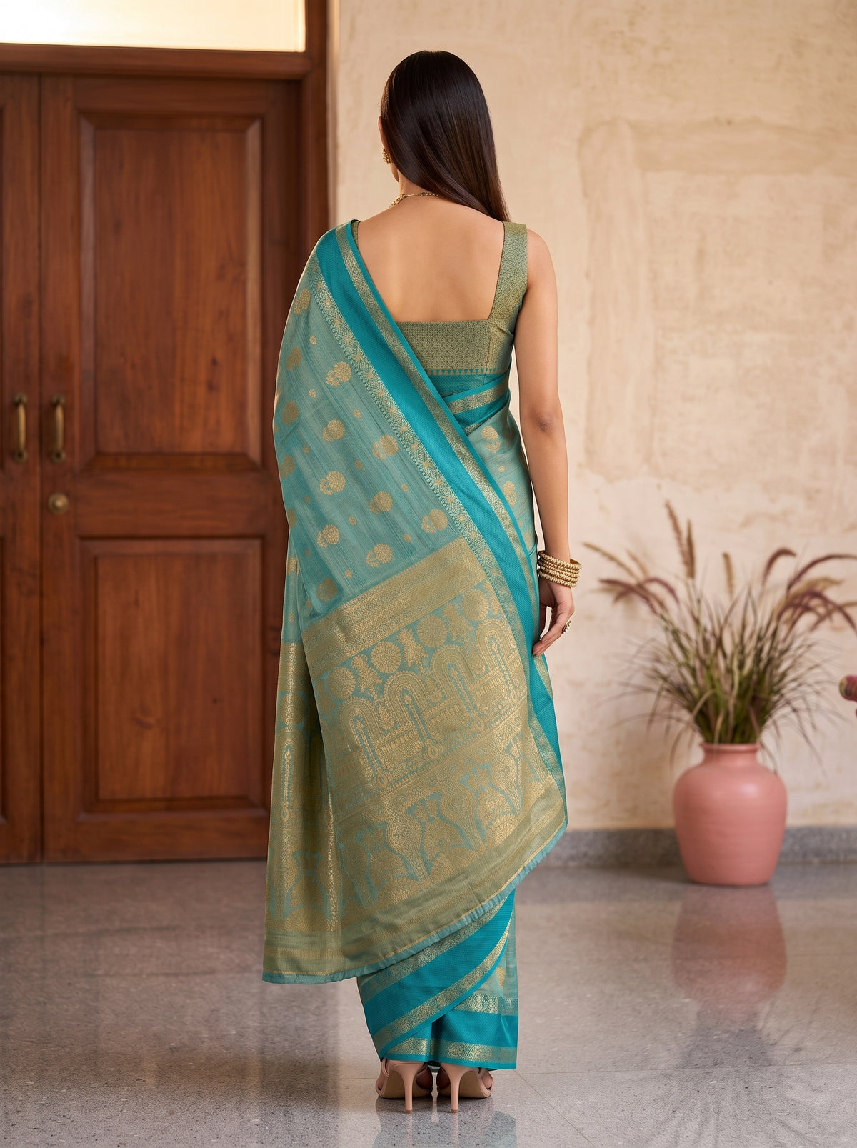 MIMOSA Sapphire Banarasi Saree — pose 2 styling detail