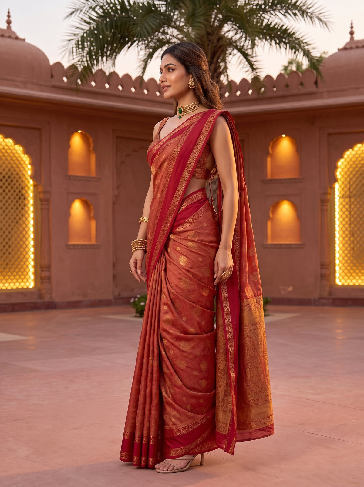 MIMOSA Red Banarasi Saree — pose 3 styling detail
