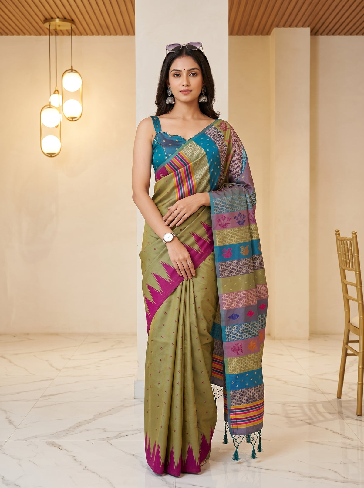 MIMOSA Grey Berhampuri Saree — front view on mannequin