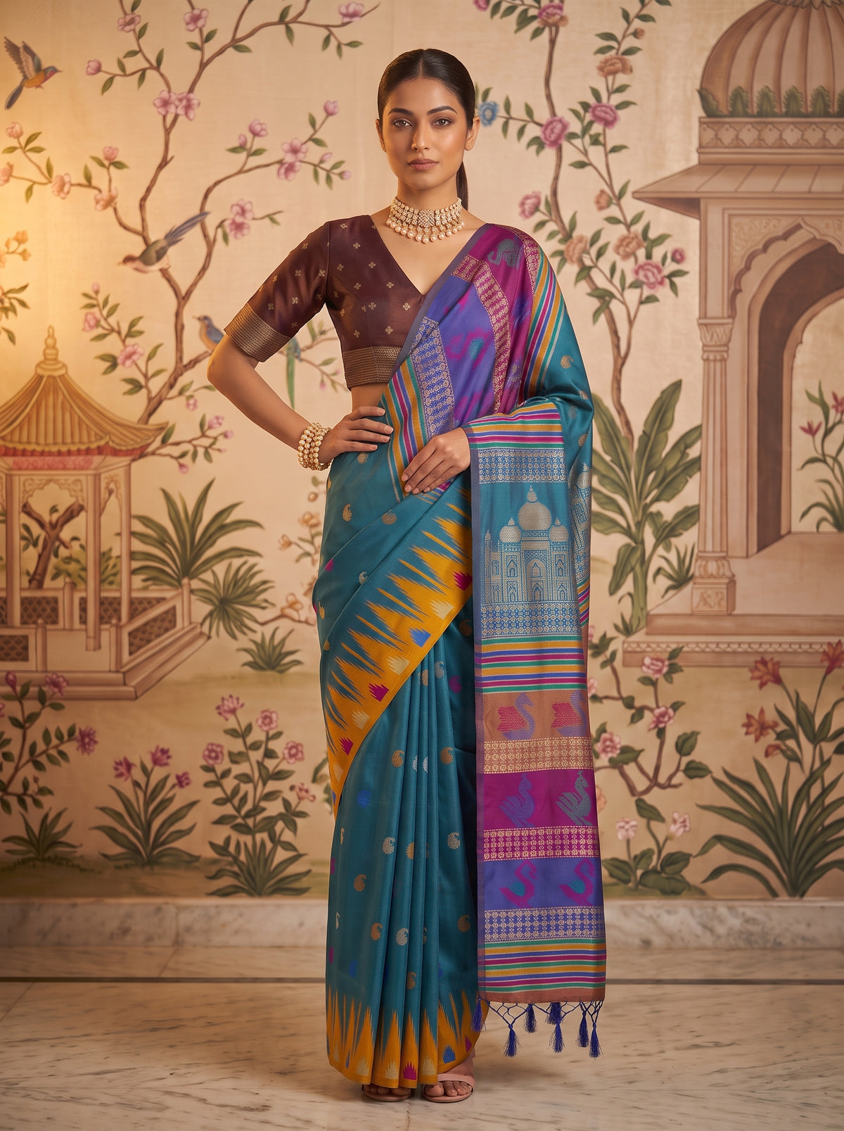 MIMOSA Royal Blue Berhampuri Saree — pose 4 styling detail