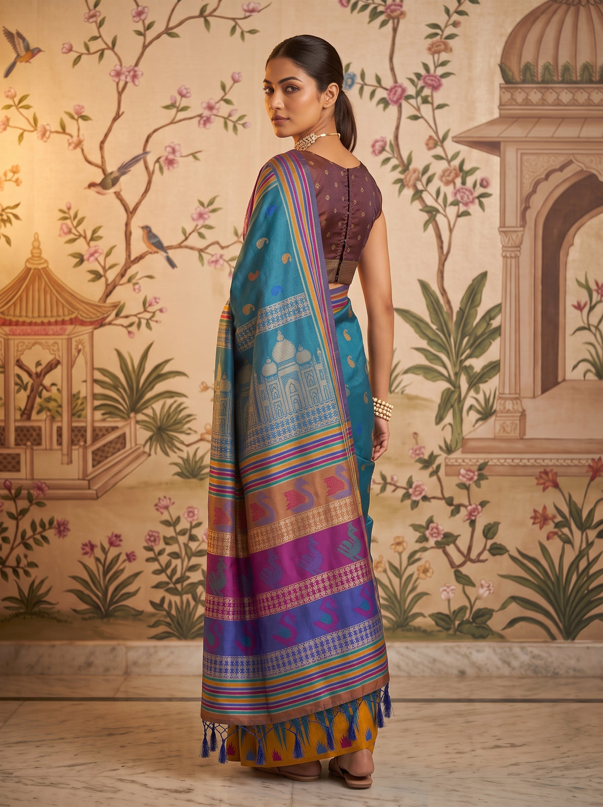 MIMOSA Royal Blue Berhampuri Saree — pose 7 styling detail