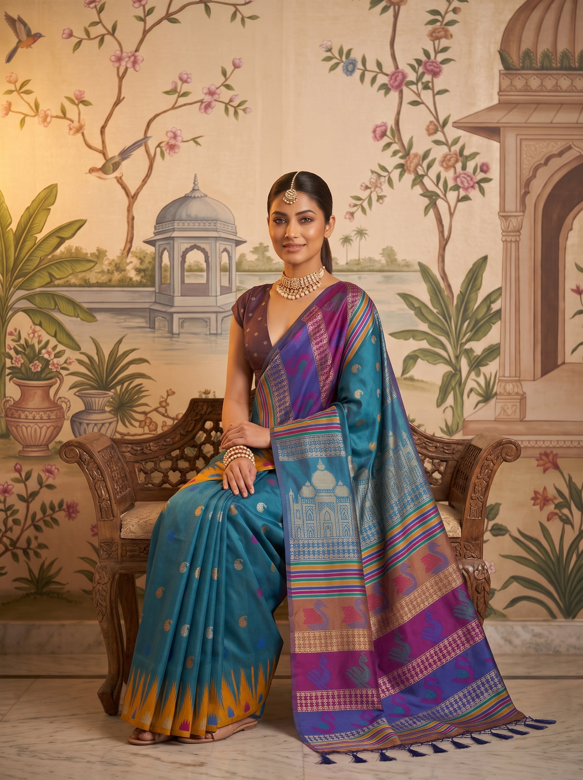MIMOSA Royal Blue Berhampuri Saree — pose 8 styling detail