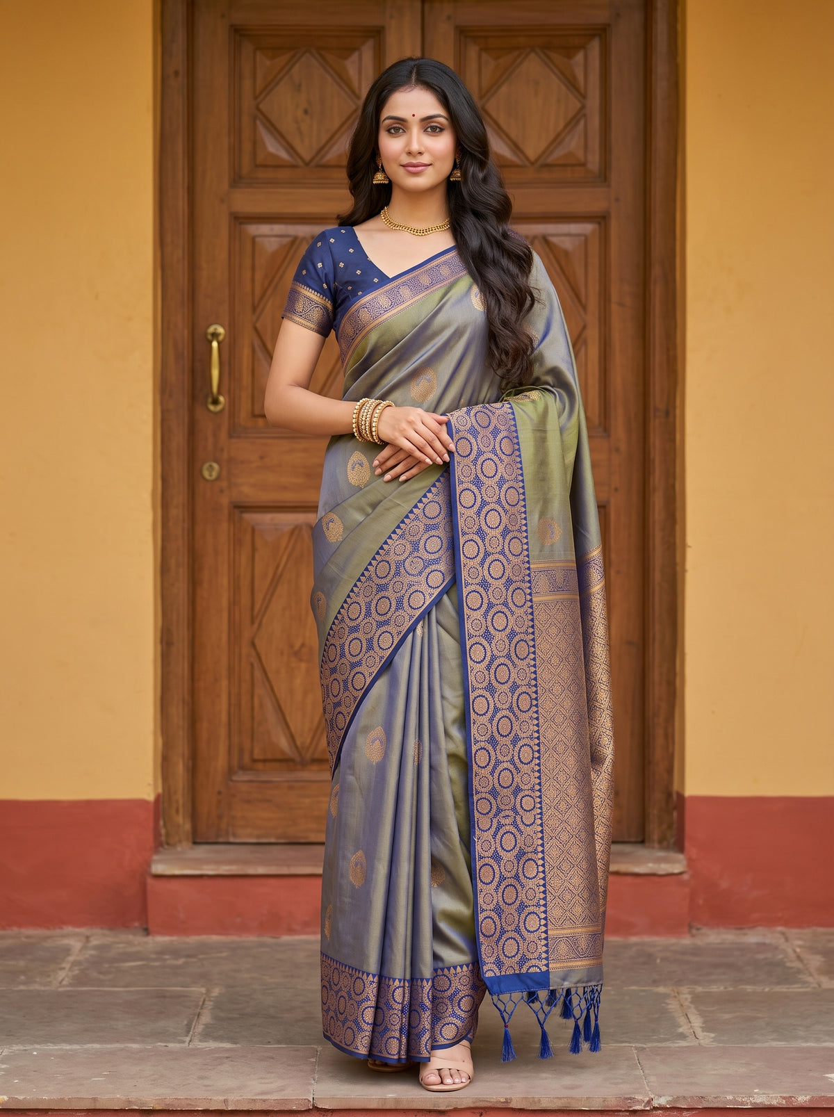 MIMOSA Grey Kanjivaram Saree — front view on mannequin