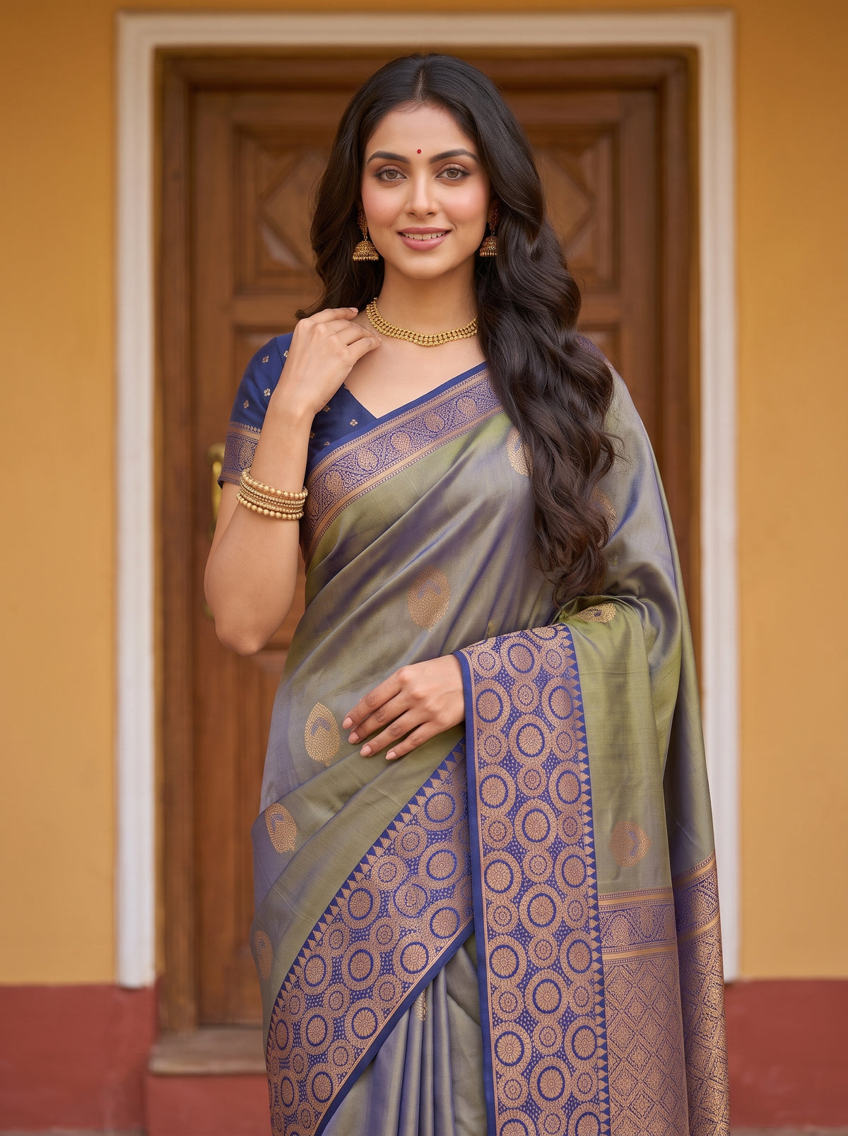 MIMOSA Grey Kanjivaram Saree — pose 10 styling detail