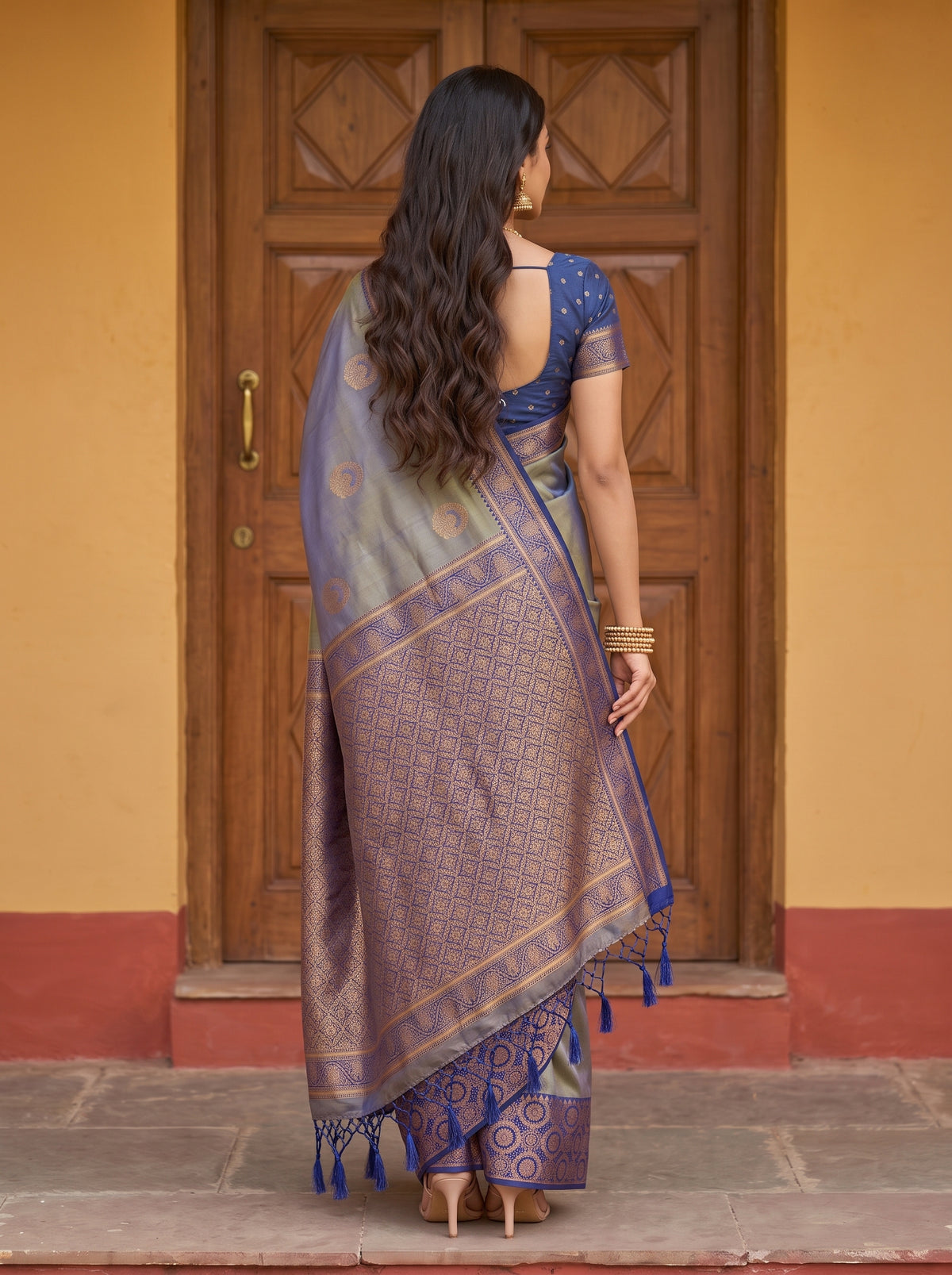 MIMOSA Grey Kanjivaram Saree — pose 2 styling detail