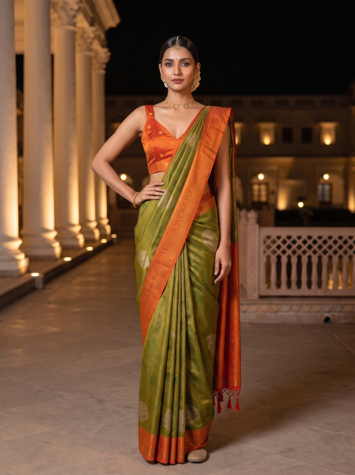 MIMOSA Green Kanjivaram Art Silk Saree — pose 4 styling detail
