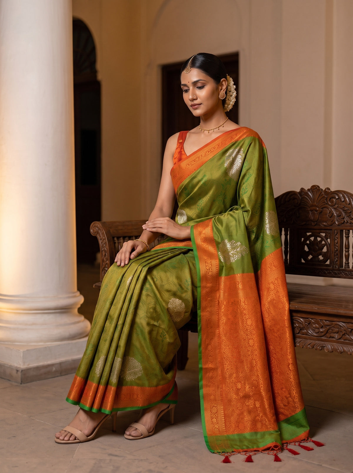 MIMOSA Green Kanjivaram Art Silk Saree — pose 8 styling detail