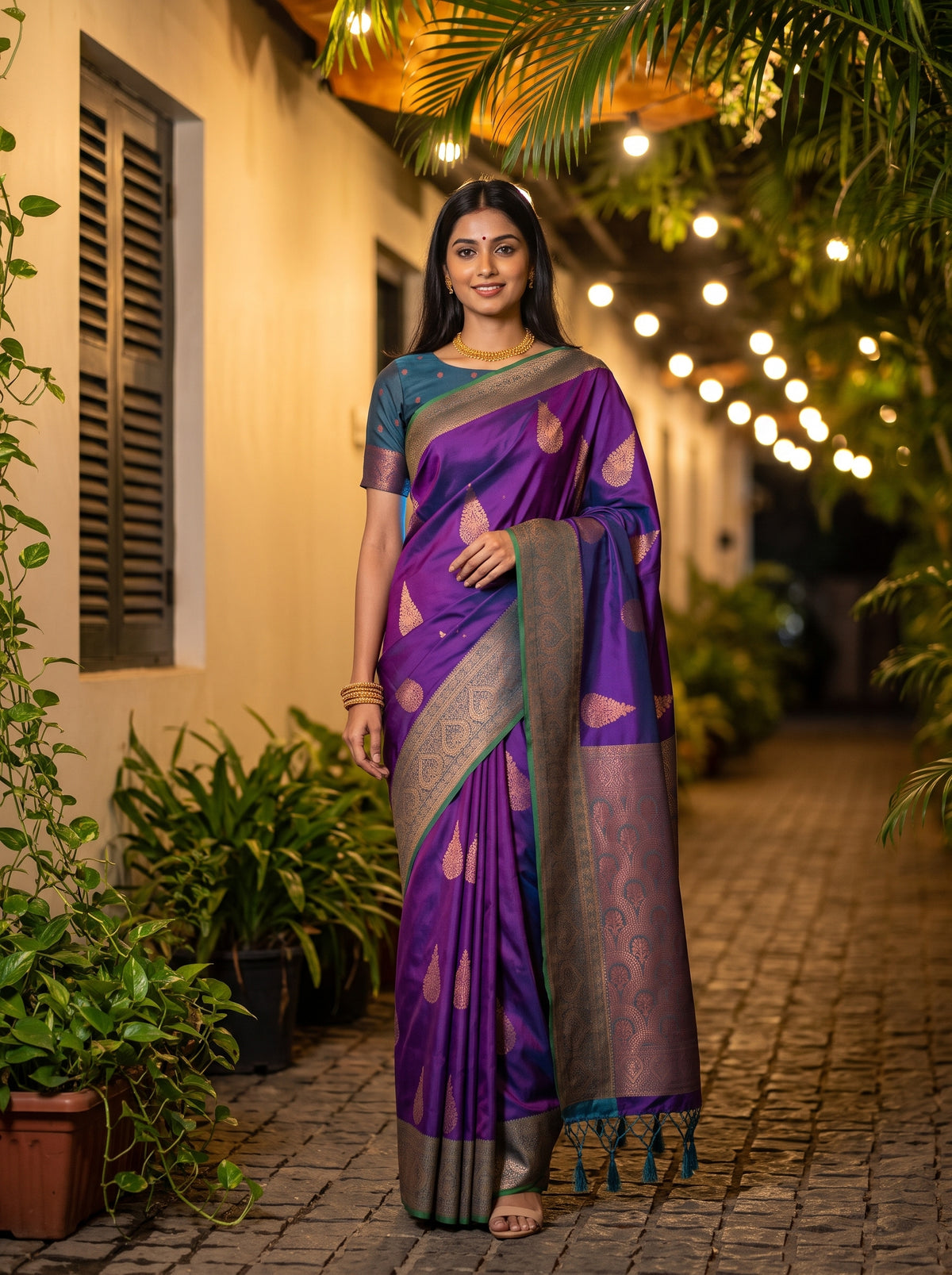 MIMOSA Purple Kanjivaram Art Silk Saree — AI Model lifestyle pose