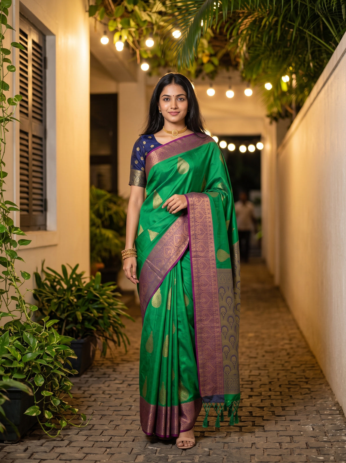 MIMOSA Rama Kanjivaram Art Silk Saree — AI Model lifestyle pose