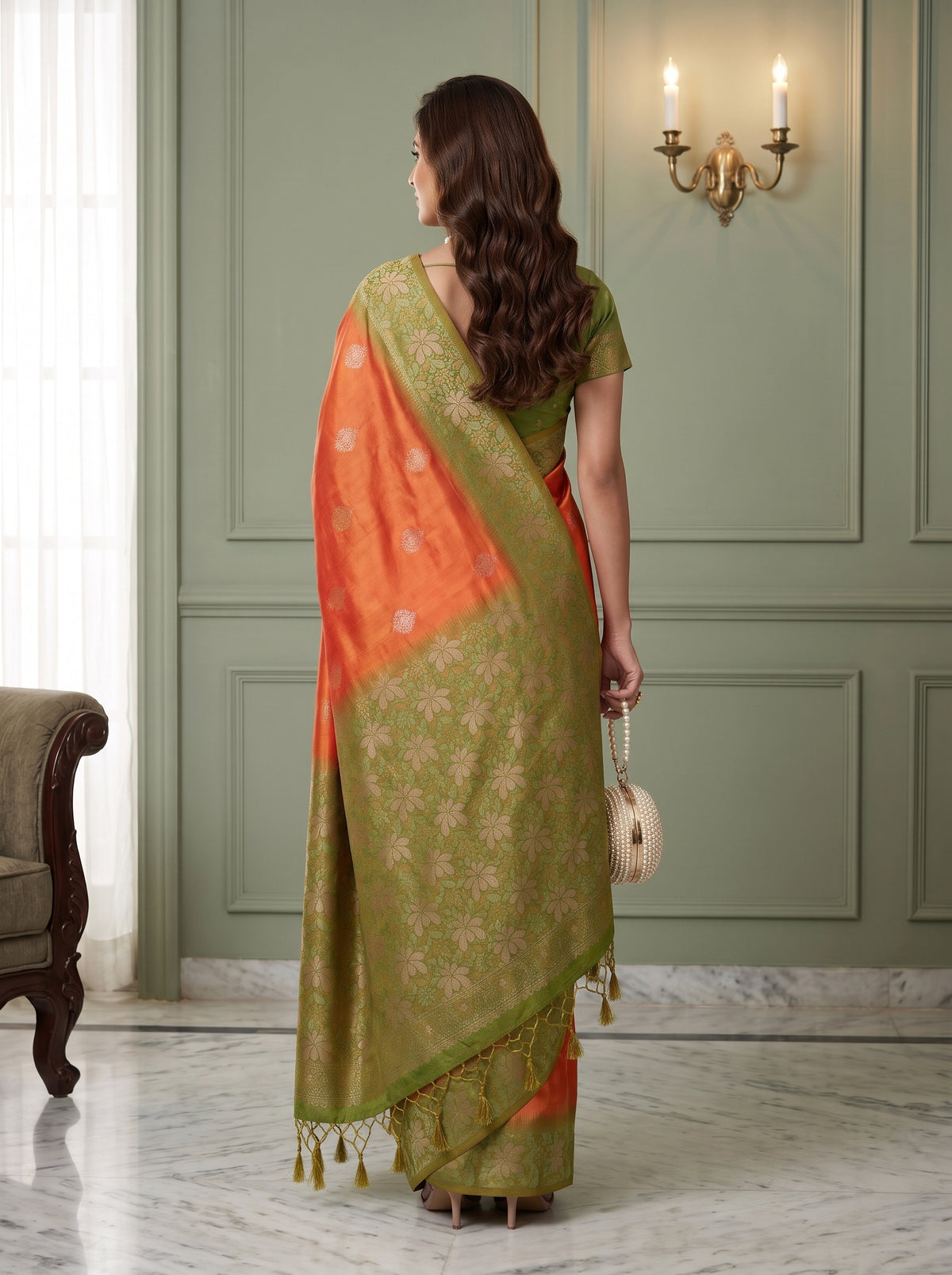 MIMOSA Mustard Kanjivaram Saree — pose 2 styling detail