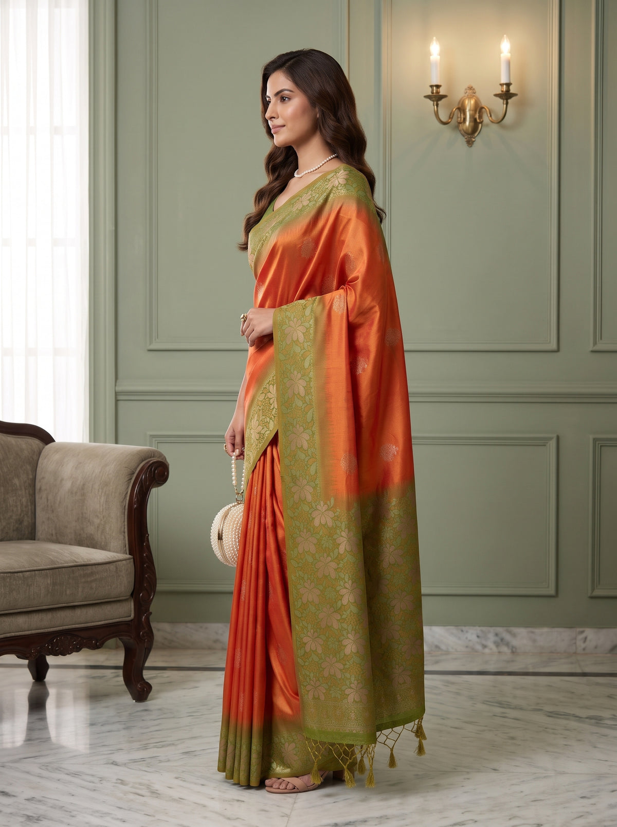 MIMOSA Mustard Kanjivaram Saree — pose 3 styling detail