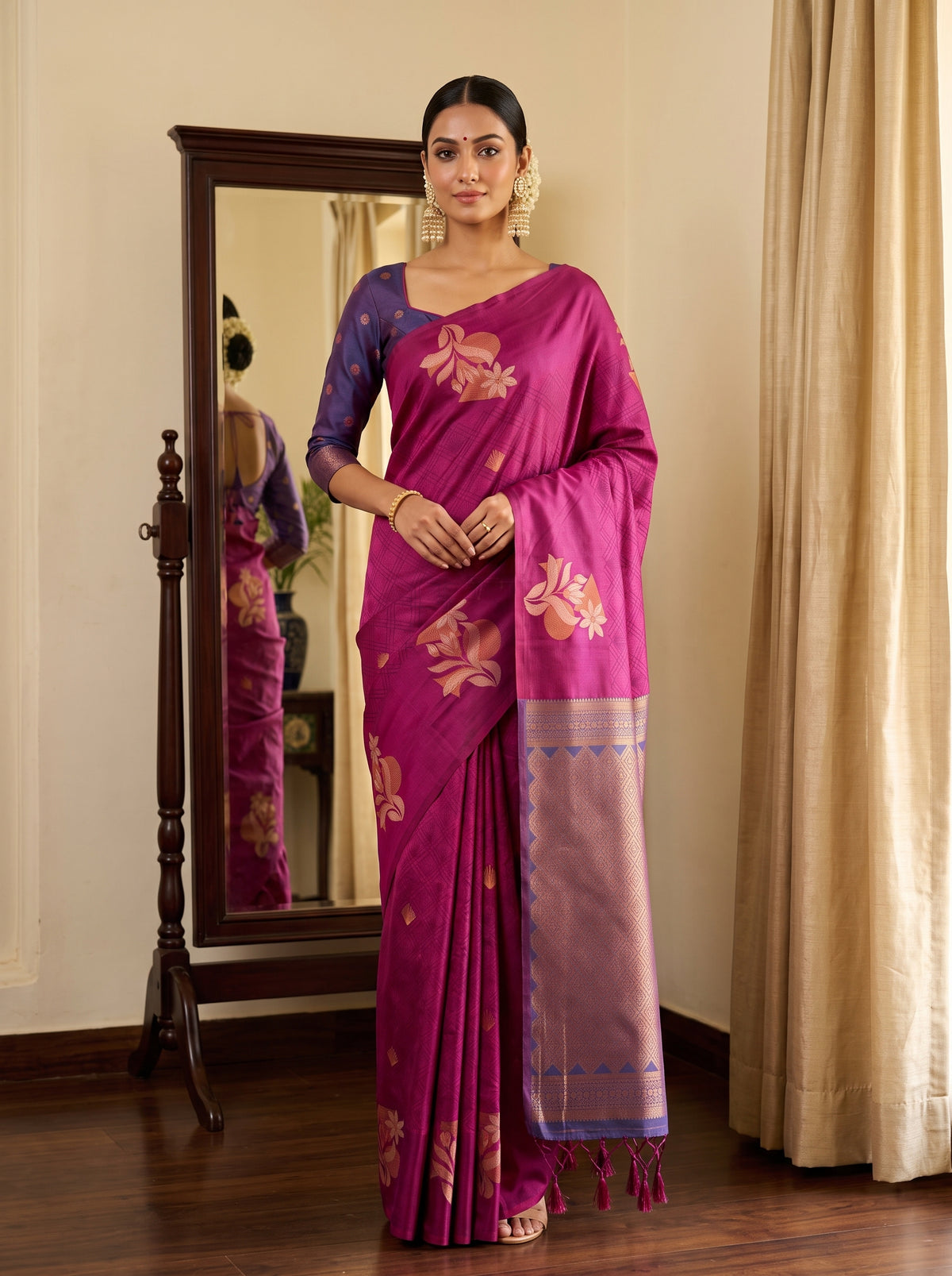 MIMOSA Wine Kanjivaram Saree — front view on mannequin
