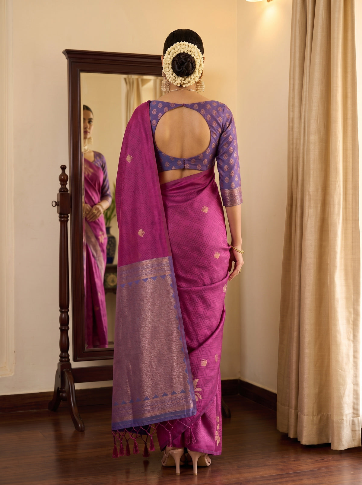 MIMOSA Wine Kanjivaram Saree — pose 2 styling detail