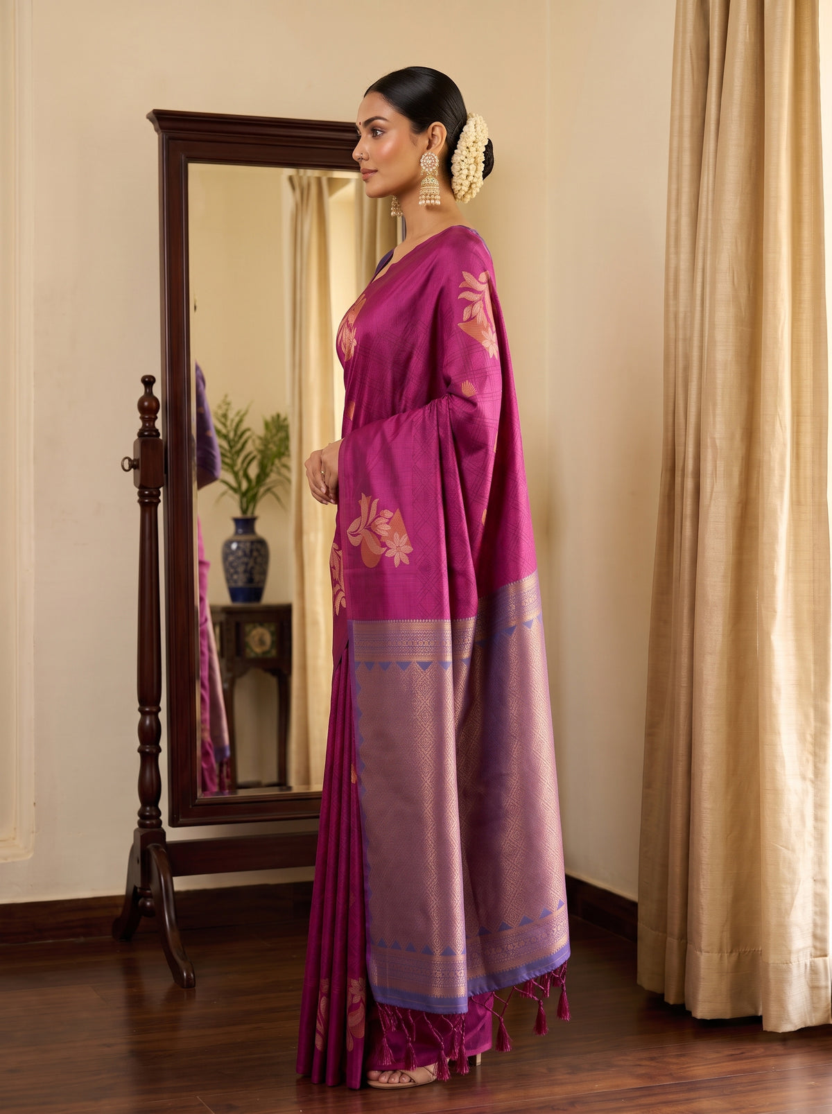 MIMOSA Wine Kanjivaram Saree — pose 3 styling detail