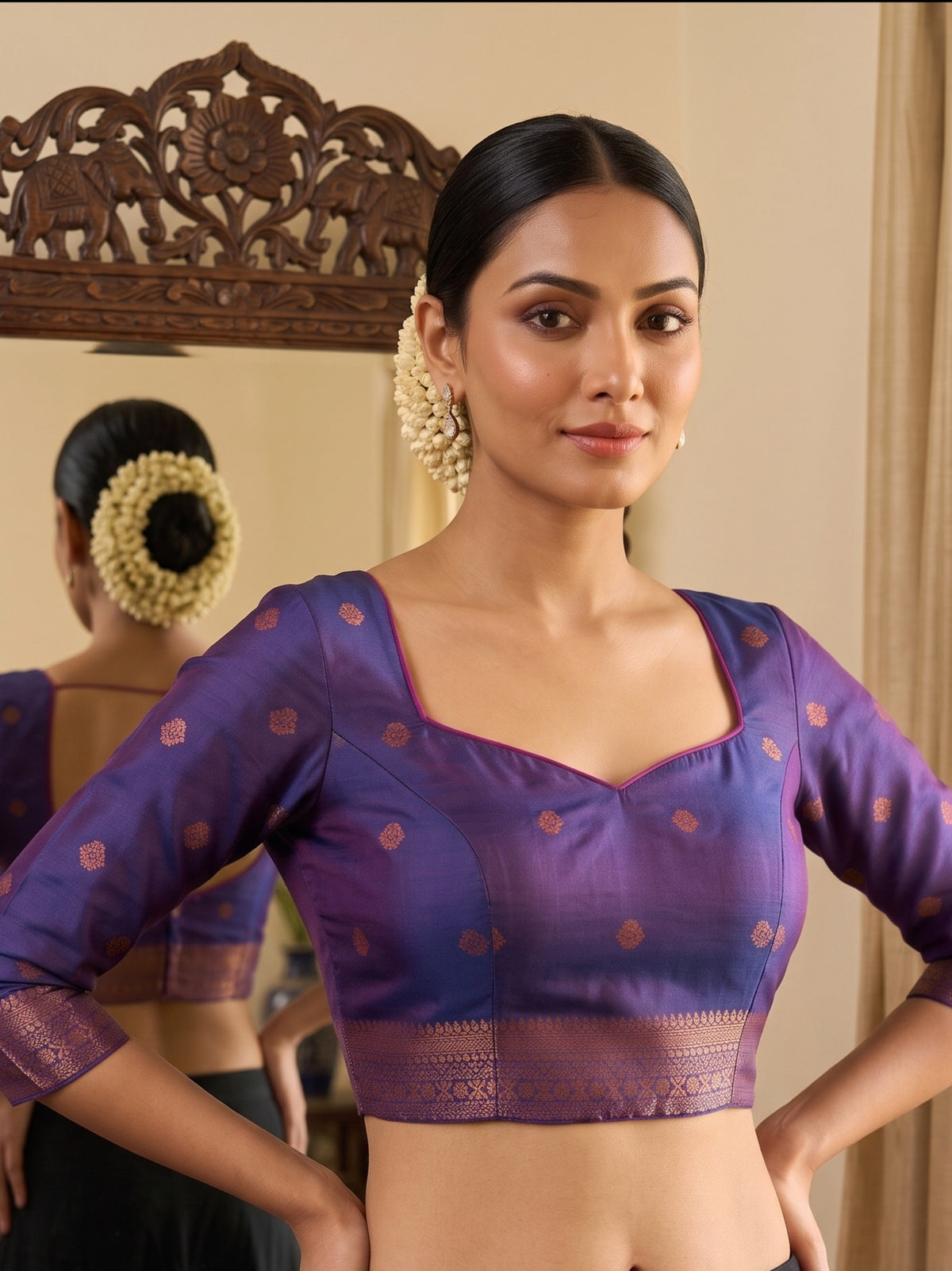 MIMOSA Wine Kanjivaram Saree — blouse close-up