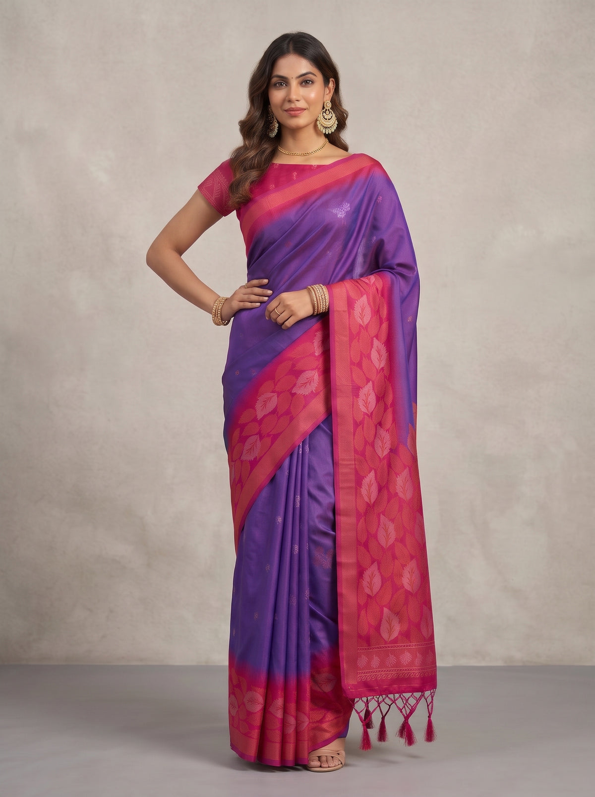 MIMOSA Violet Kanjivaram Art Silk Saree — model mid-section