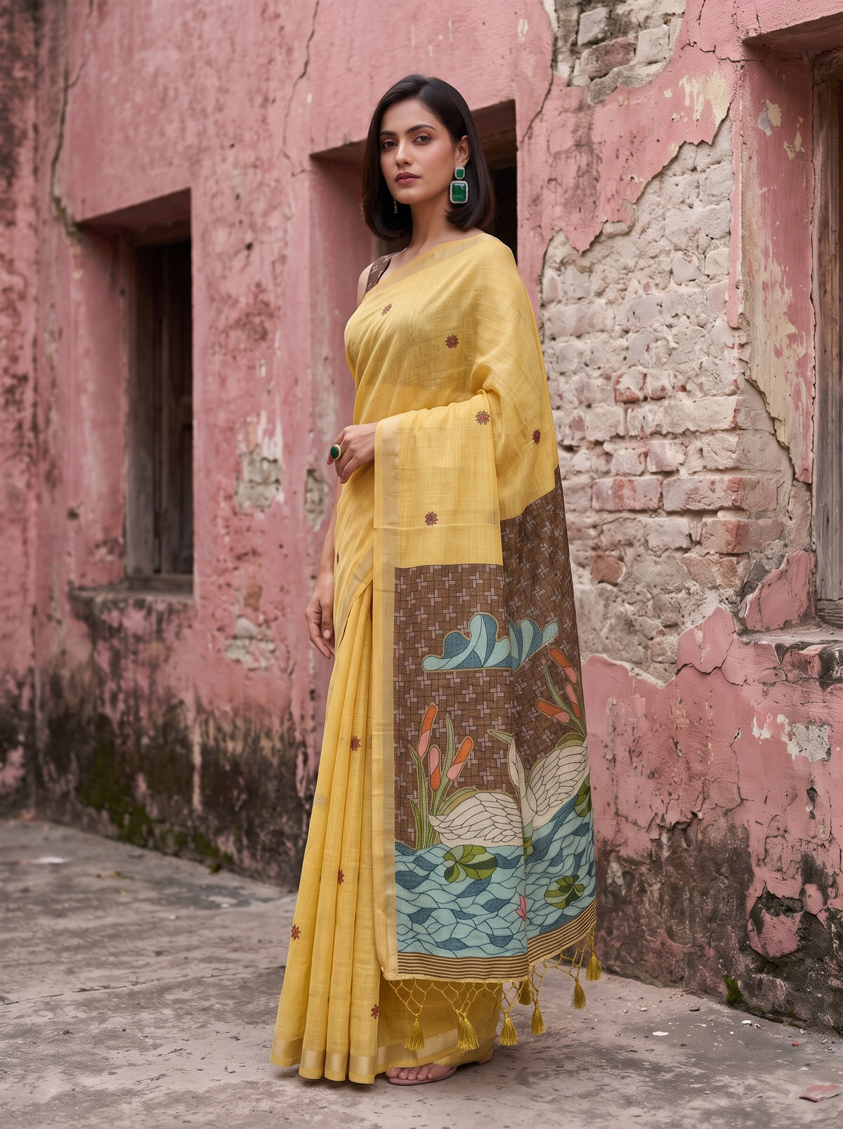 MIMOSA Gold Bhagalpuri Cotton Saree — pose 5 styling detail