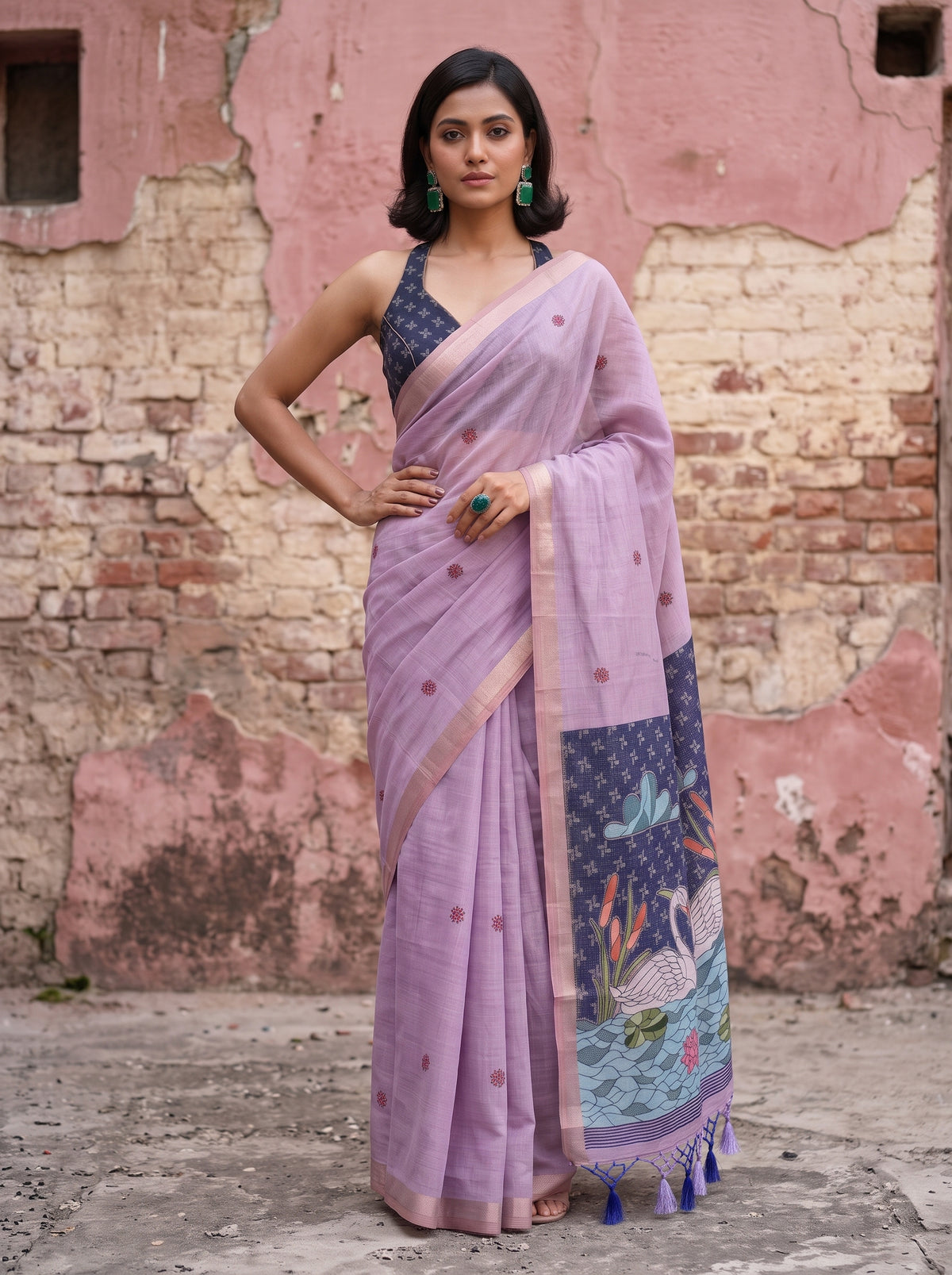 MIMOSA Lavender Bhagalpuri Cotton Saree — pose 4 styling detail