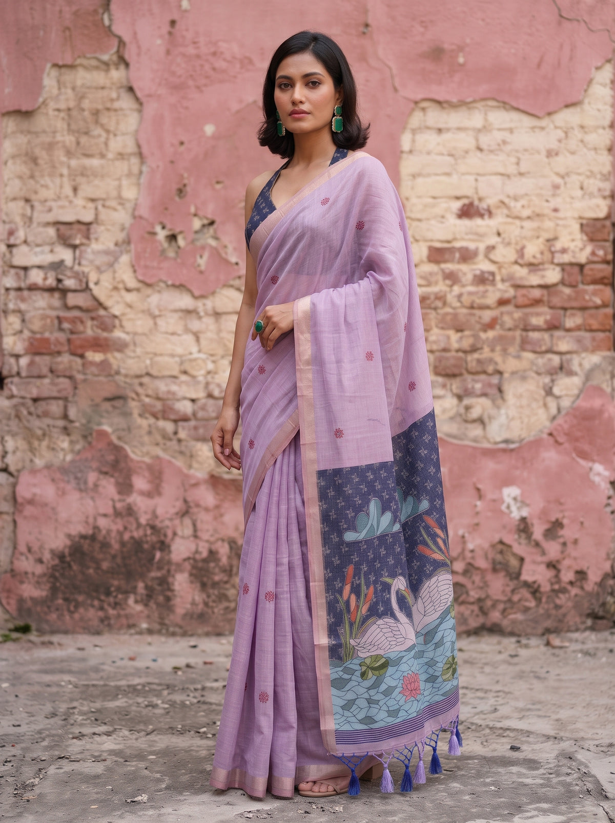 MIMOSA Lavender Bhagalpuri Cotton Saree — pose 5 styling detail