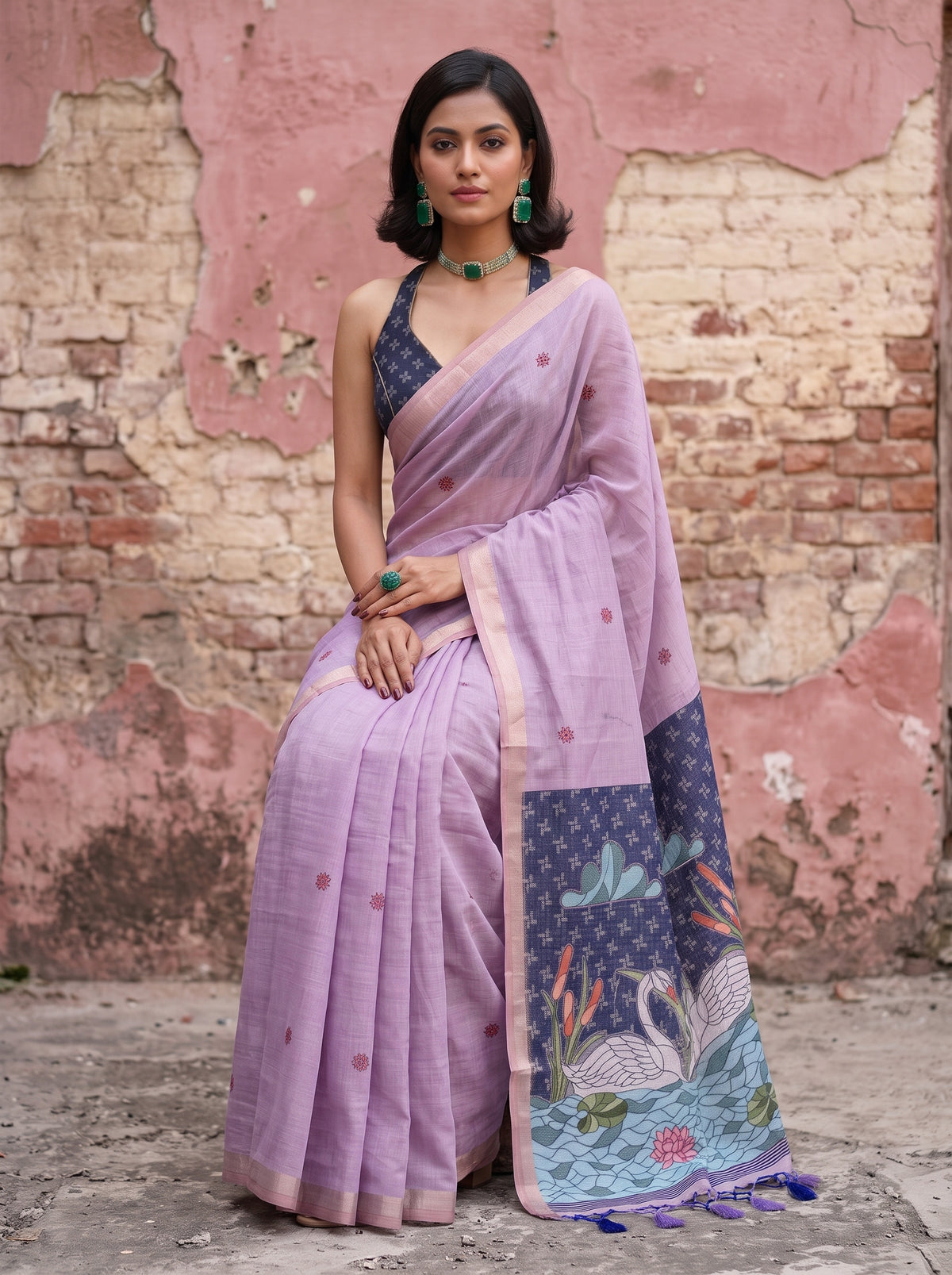 MIMOSA Lavender Bhagalpuri Cotton Saree — pose 8 styling detail