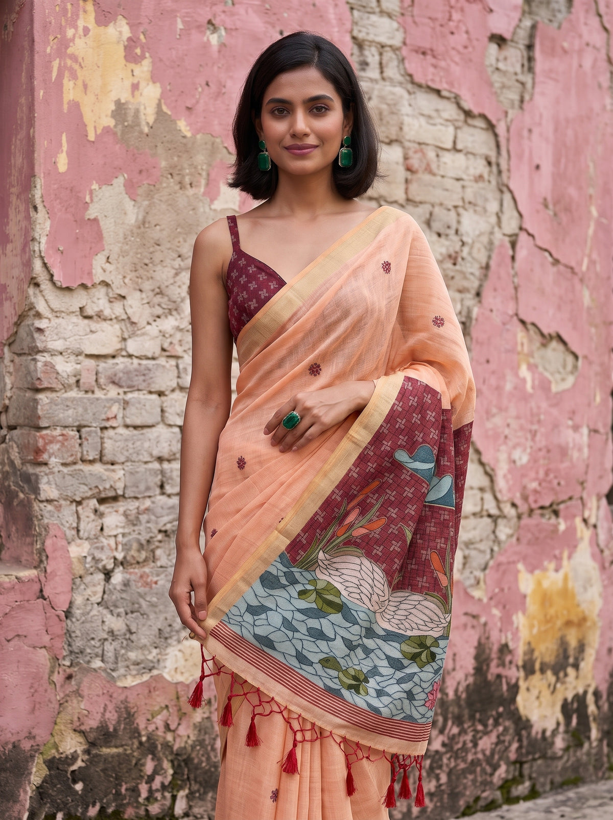 MIMOSA Peach Bhagalpuri Cotton Saree — pose 10 styling detail