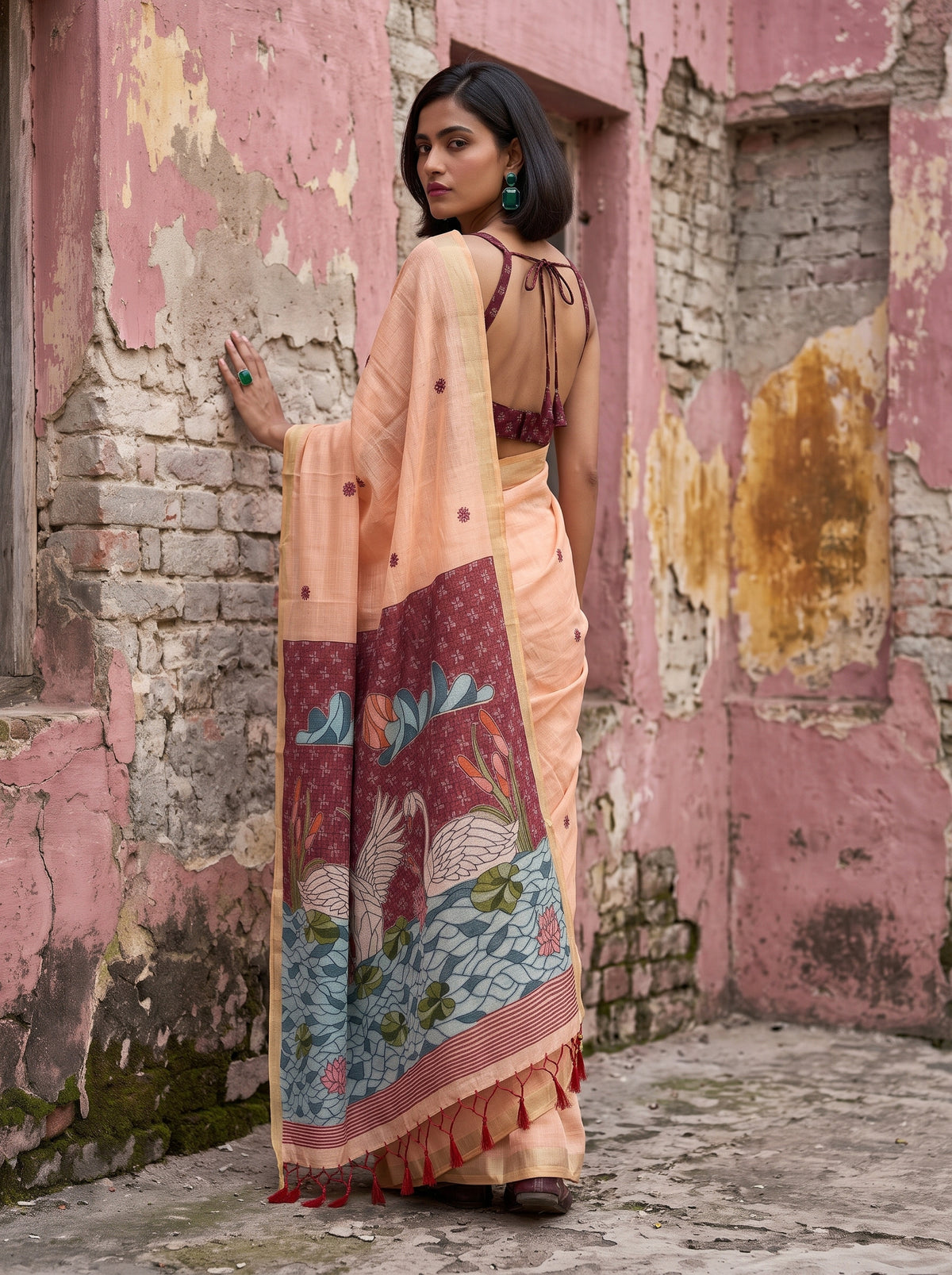 MIMOSA Peach Bhagalpuri Cotton Saree — pose 7 styling detail