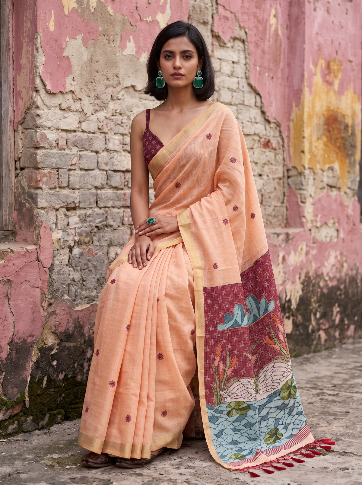 MIMOSA Peach Bhagalpuri Cotton Saree — pose 8 styling detail