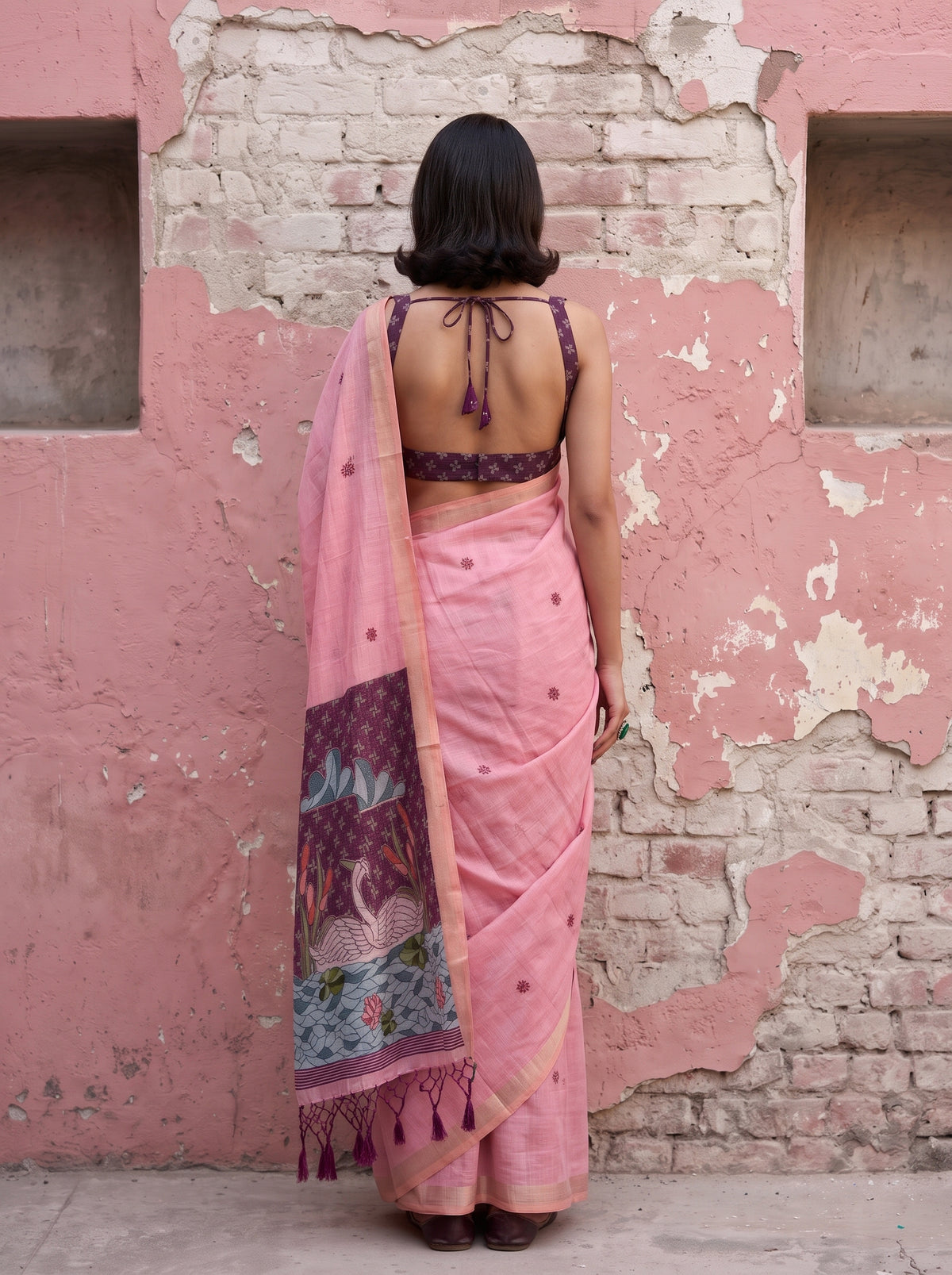 MIMOSA Pink Bhagalpuri Cotton Saree — pose 2 styling detail