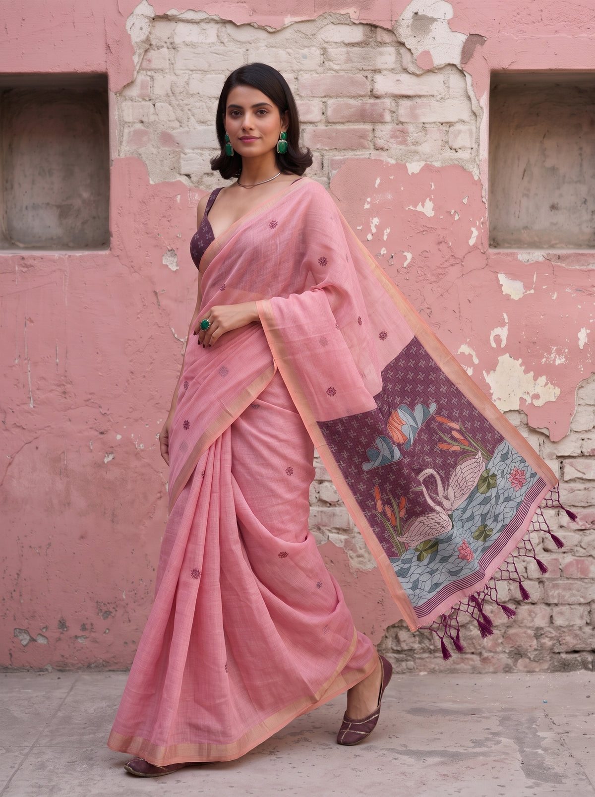 MIMOSA Pink Bhagalpuri Cotton Saree — pose 6 styling detail