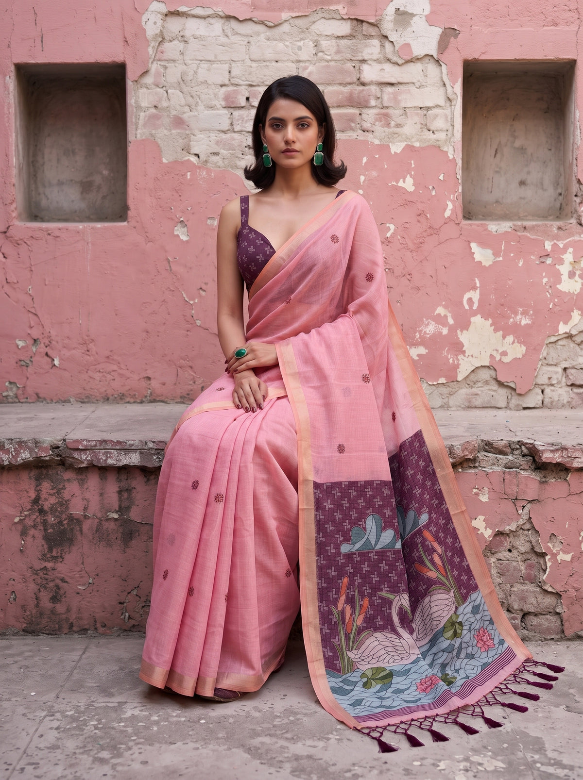 MIMOSA Pink Bhagalpuri Cotton Saree — pose 8 styling detail